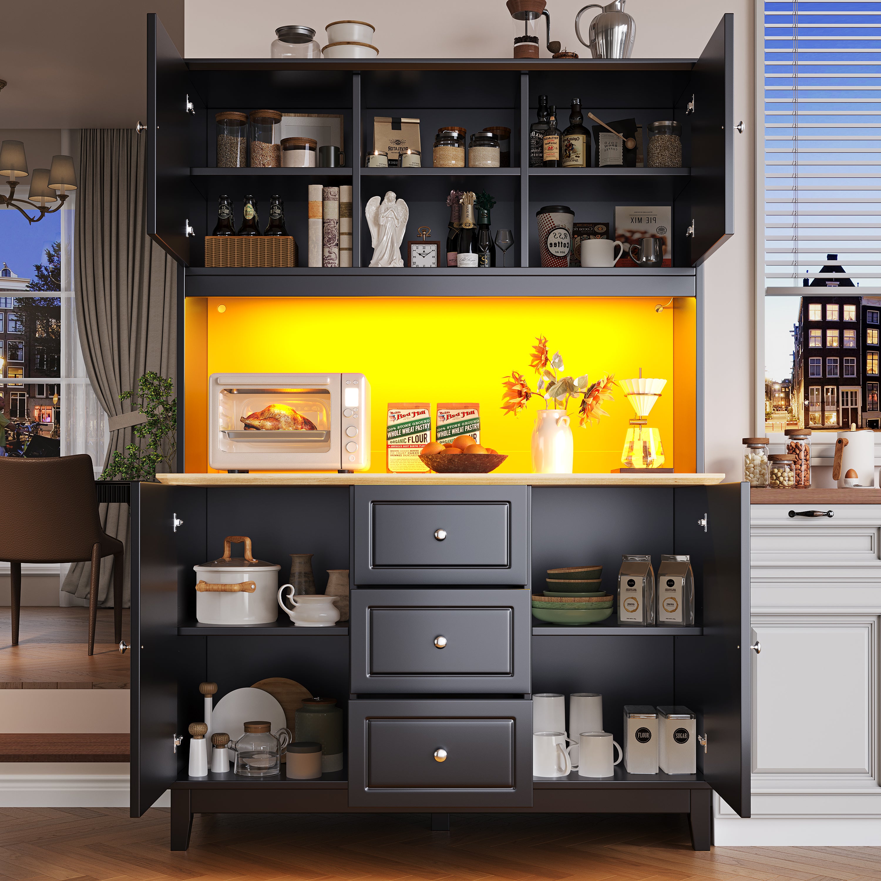 Snack cabinet, kitchen cabinet (120 x 40 x 180 cm), tall kitchen dining cabinet, sideboard, kitchen cabinet with three drawers and LED lighting, suitable for kitchen, living room, dining room, black
