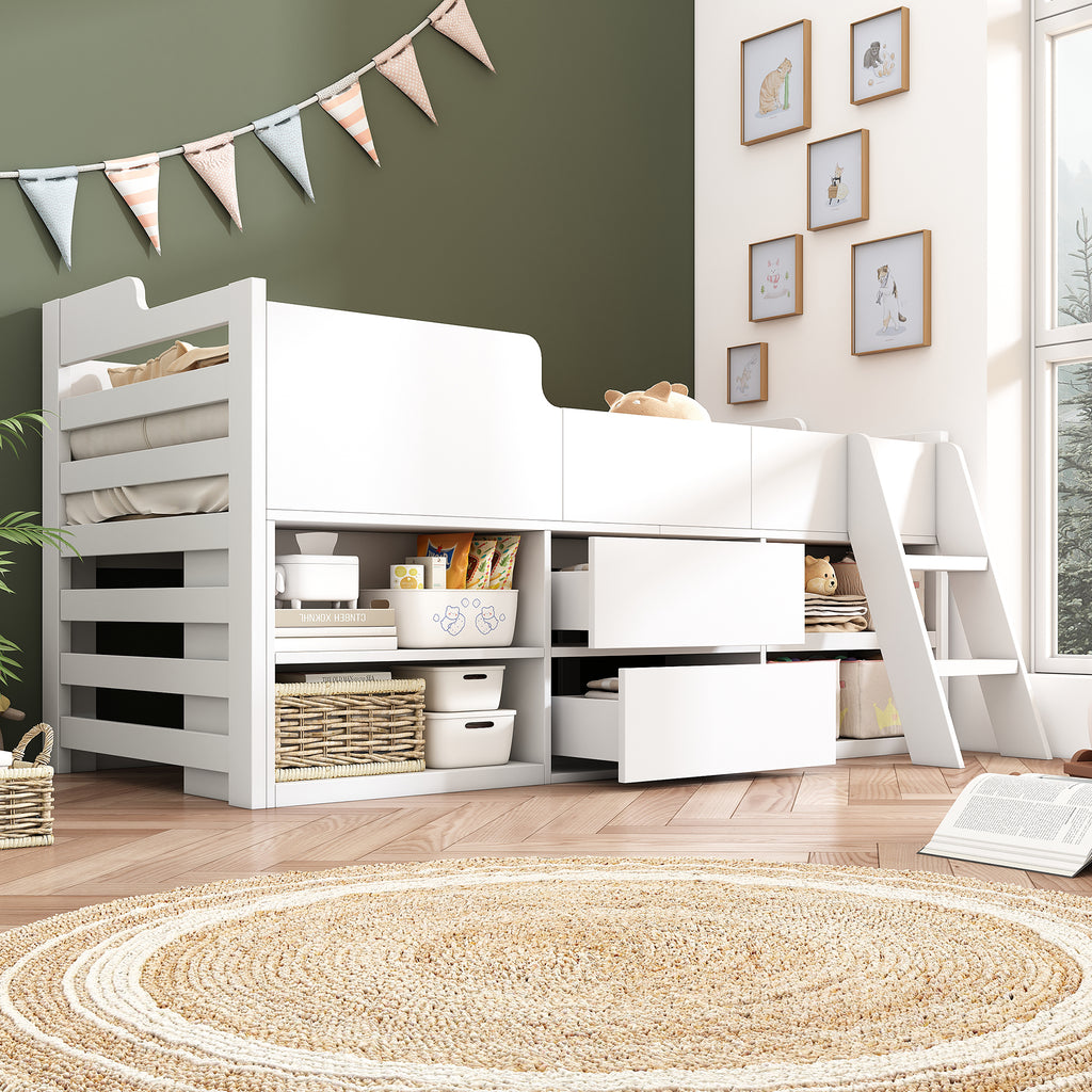 Cabin Bed Mid Sleeper Bed Frame Storage Kids Wooden bed with Drawers Shelf Storage Low Sleeper Bed  3ft Single Children's White Wooden Bed - 3ft Single (90 x 190 cm) Frame Only
