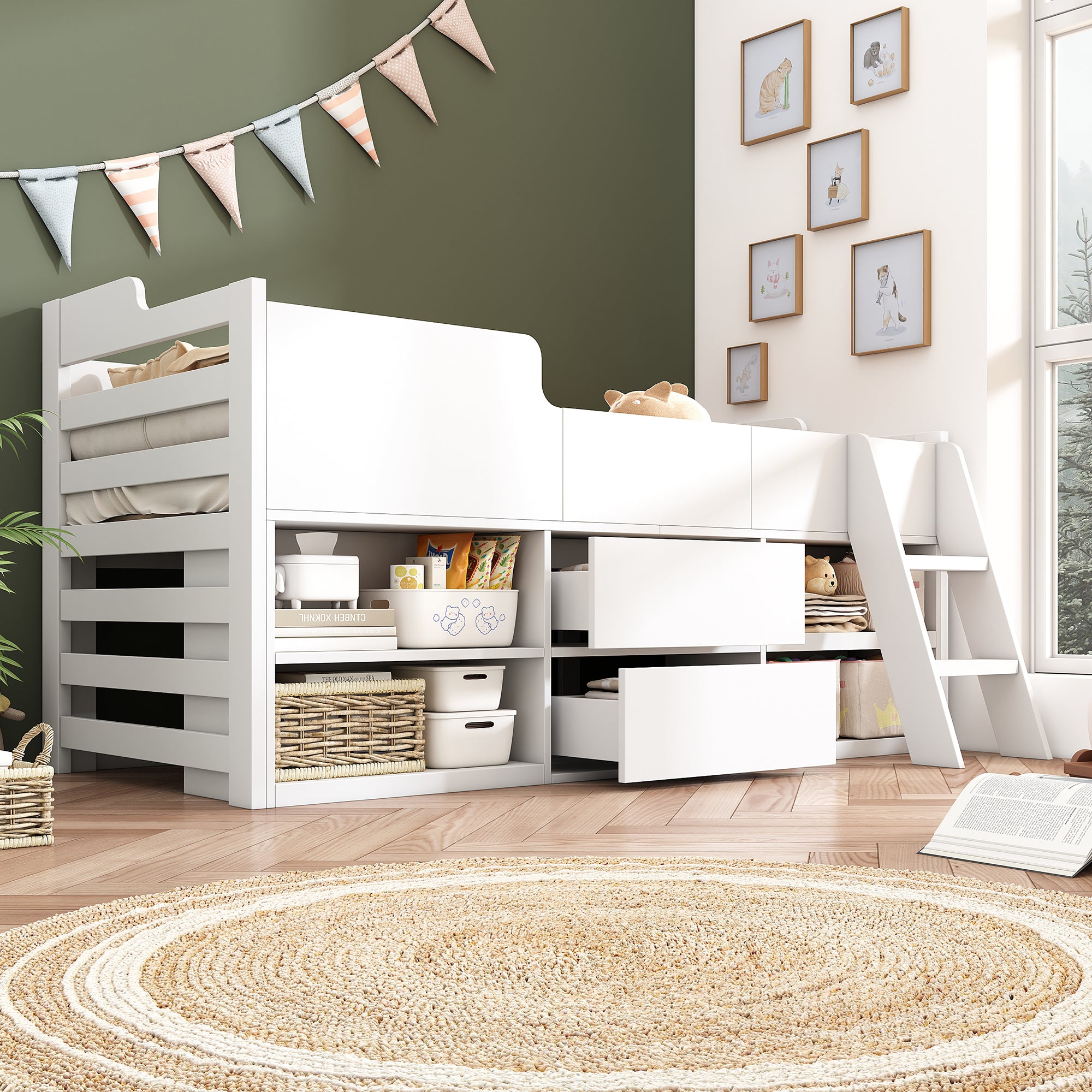 Cabin Bed Mid Sleeper Bed Frame Storage Kids Wooden bed with Drawers Shelf Storage Low Sleeper Bed  3ft Single Children's White Wooden Bed - 3ft Single (90 x 190 cm) Frame Only