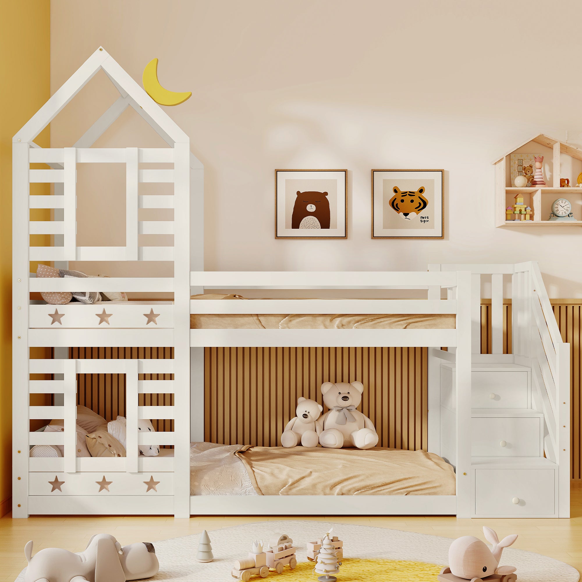 Bunk Bed Storage Children Cabin Bed Single Bed with Window for Kids, Twin Sleeper 190x90 cm, Solid Pine Wood,3FT -White(=SKU:TT30352678W)