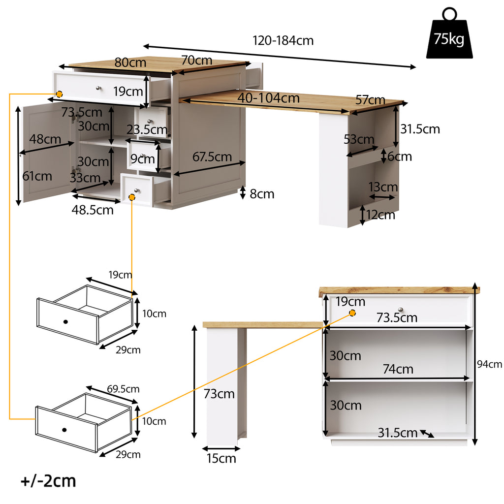 Extendable kitchen island (120-184 cm) with drawers and casters, mobile kitchen island with wood-look tabletop, versatile counter island for kitchen, dining room & bar counter, white/black