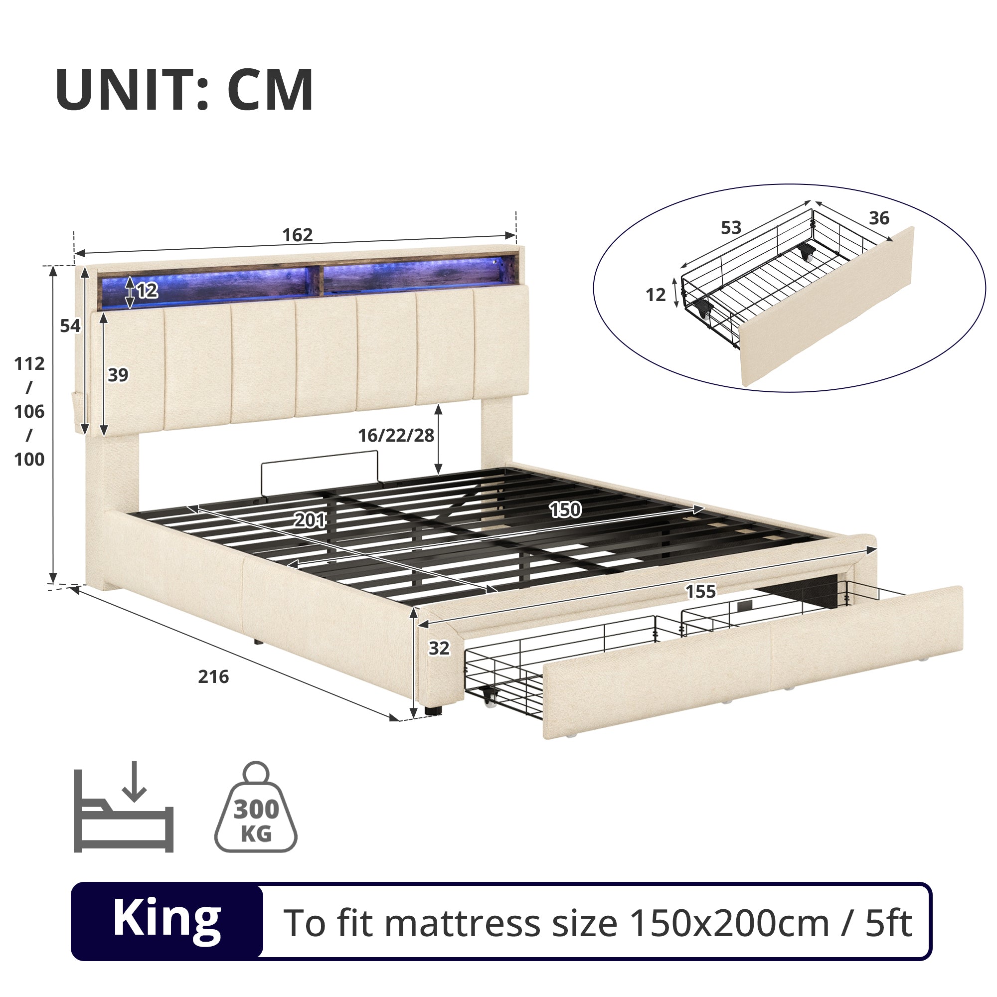 5ft King Upholstered Bed Frame with Hydraulic and Drawers Storage, LED Adjustable Headboard with Charging Station and Concealed Headboard Storage, Linen, No Box Spring Needed, Beige (No Mattress)