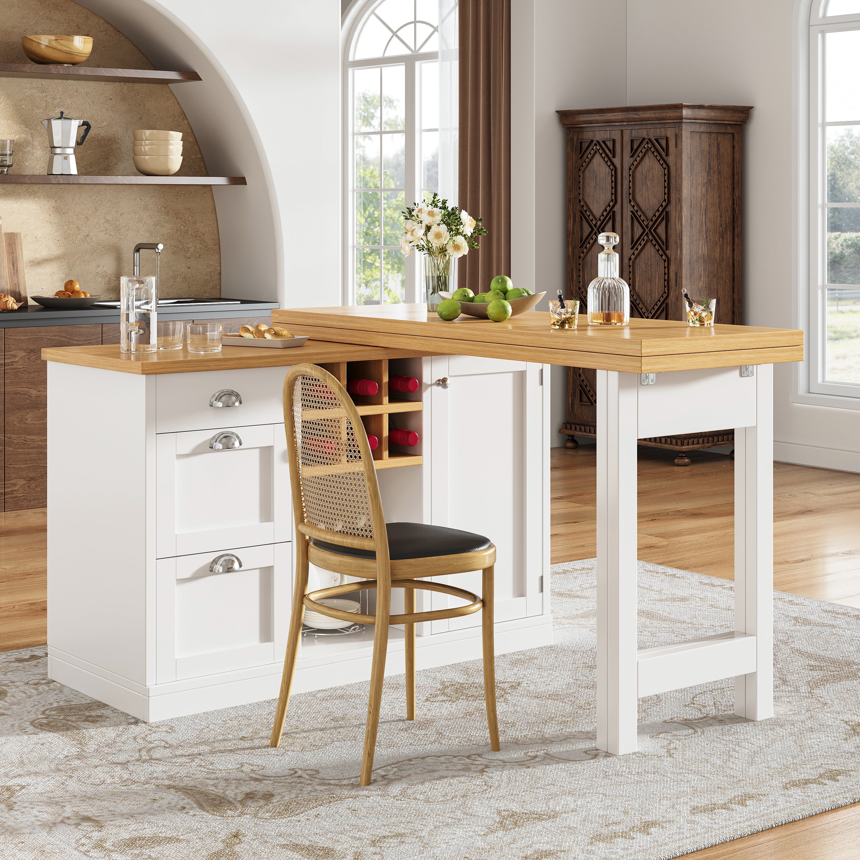 Extendable Sideboard & Dining Table Combo, 3 Drawers & Snack rack & Wine rack, Space-Saving Sideboard for Small Flats, White/Black