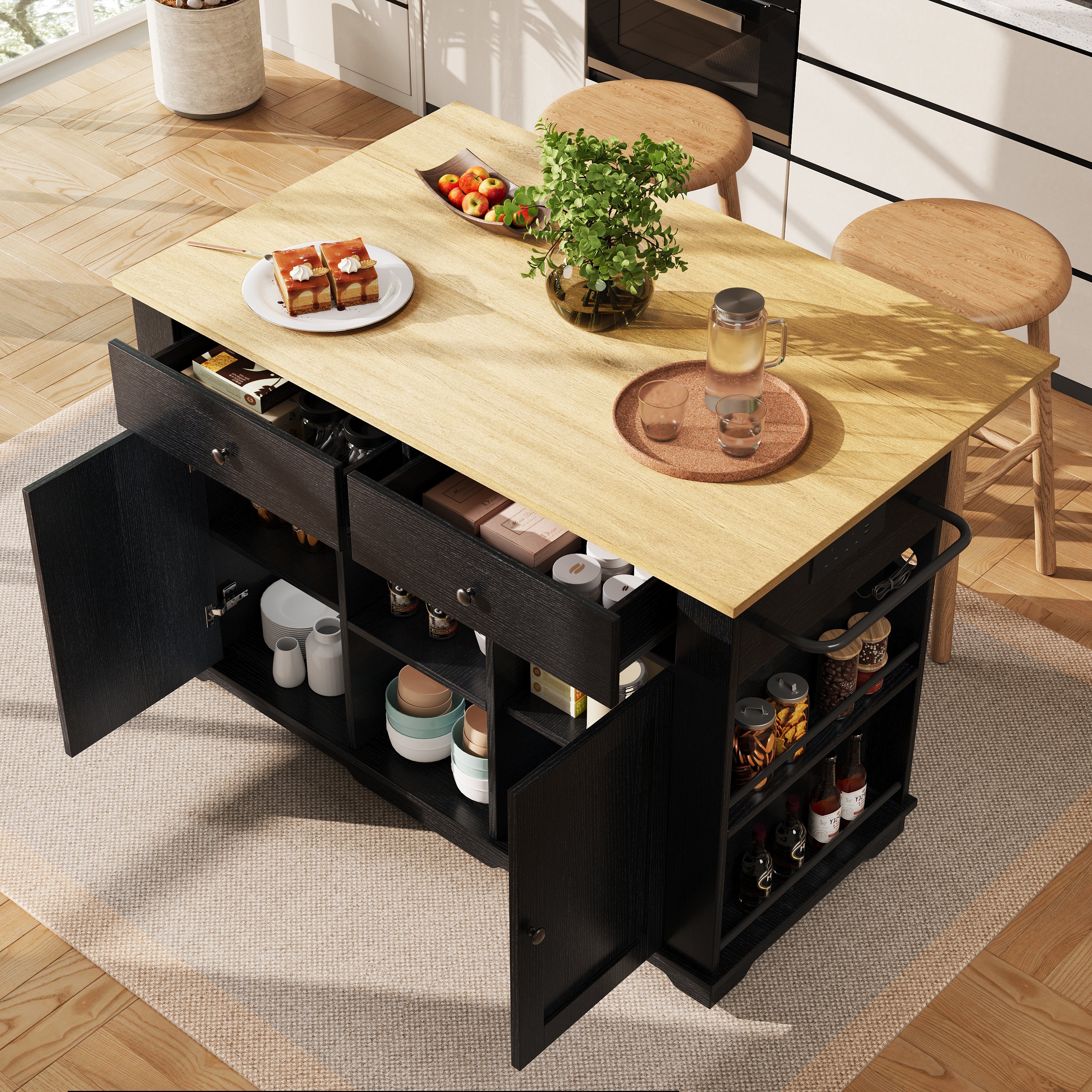 Kitchen island, kitchen trolley equipped with power strip, kitchen cabinet, serving trolley with worktop, buffet cabinet, dining trolley with wood grain, black