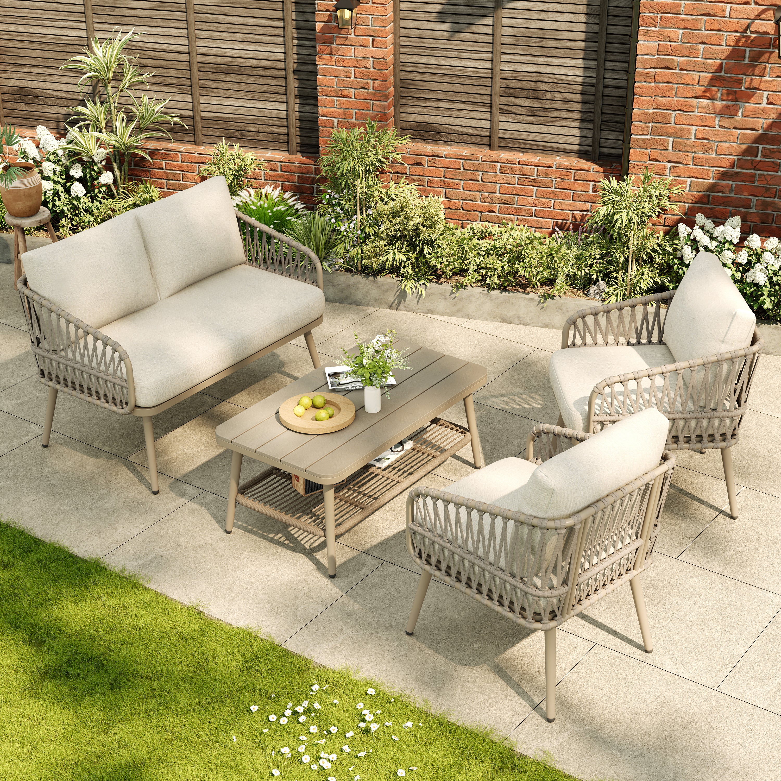 4 Seater Garden Set with Plastic Wood Storage Coffee Table, Polyester Rope Outdoor Set with Sofa and Armchairs, Weatherproof Outdoor Patio Sofa for Balcony and Terrace, Linen, Beige