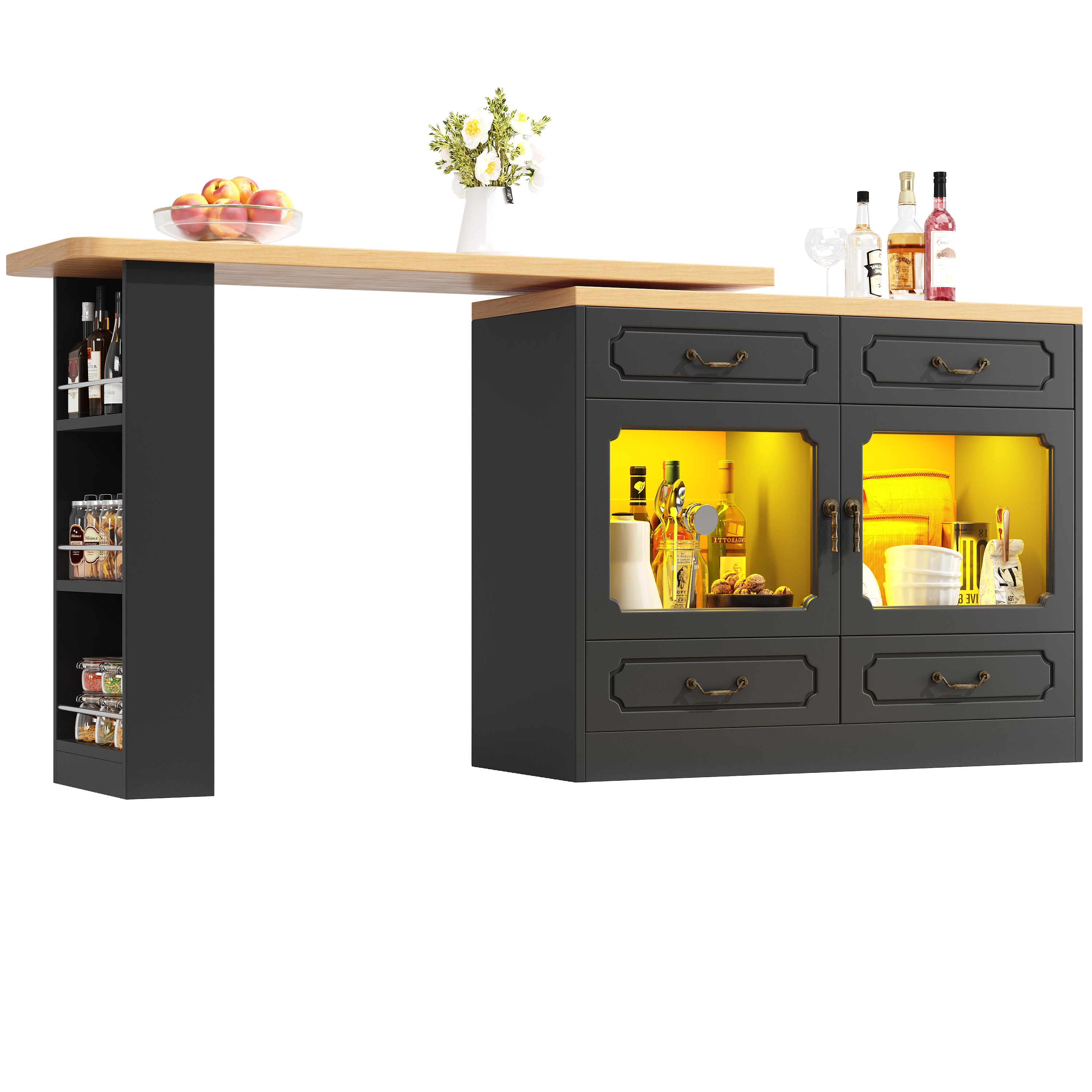 360° rotation, bar table (main body 135-203 x 39 x 92.8 cm), coffee bar furniture, rotatable dining bar with storage, kitchen island, double doors with four drawers, 3-tier open storage space, black