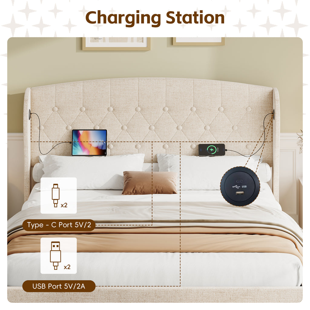 Double Upholstered Bed with Hydraulic and Drawers Storage, Button tufted Headboard with Wingback and Charging Station,  USB and Type - C Ports, No Box Spring Needed, Linen, Beige (No Mattress)