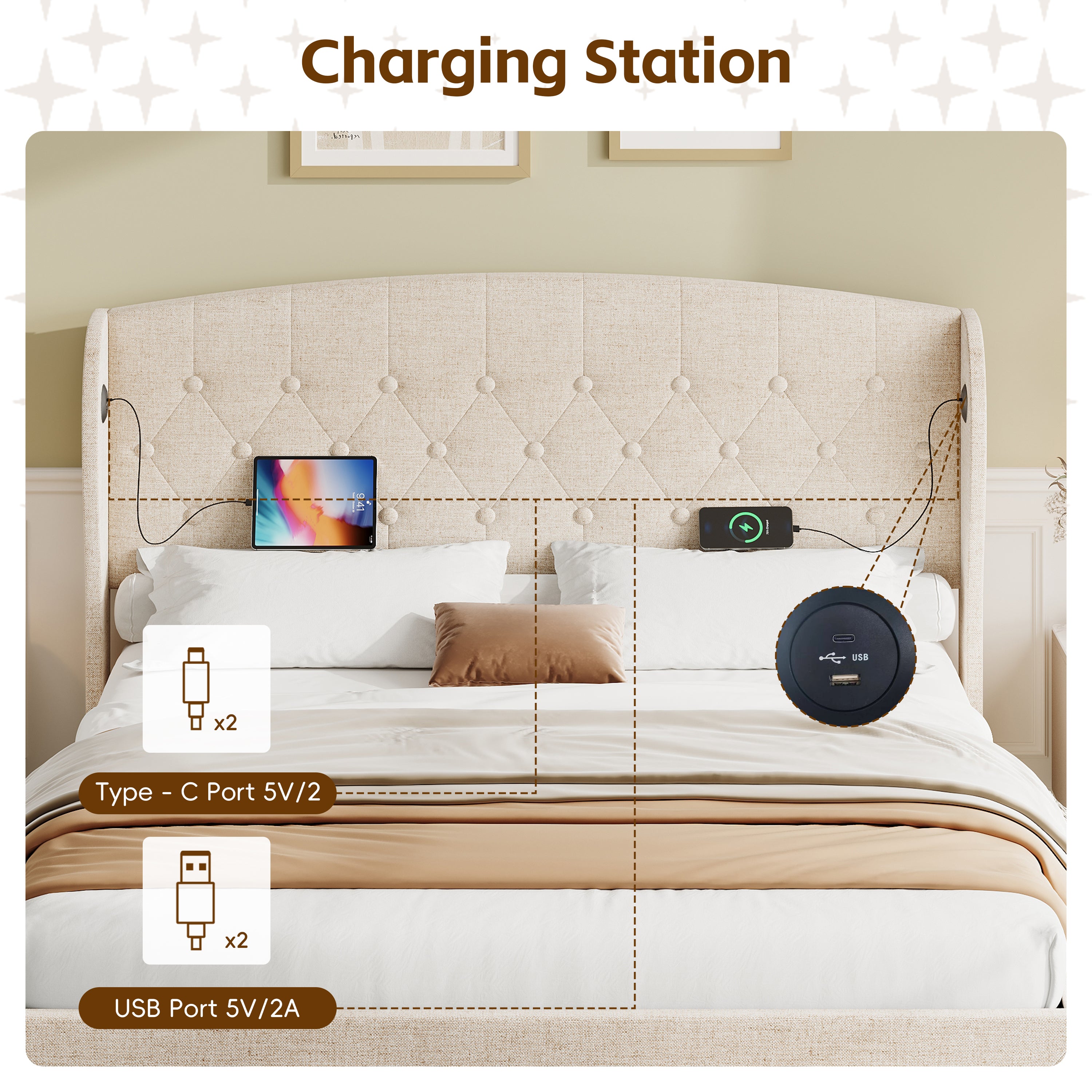Double Upholstered Bed with Hydraulic and Drawers Storage, Button tufted Headboard with Wingback and Charging Station,  USB and Type - C Ports, No Box Spring Needed, Linen, Beige (No Mattress)