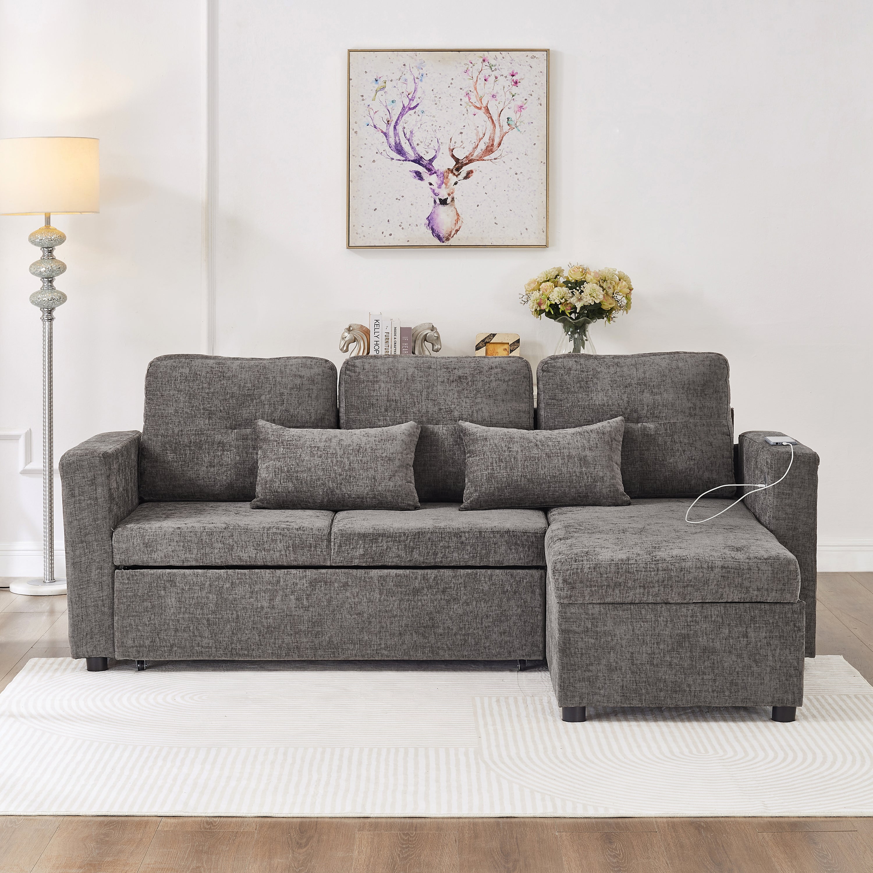3-in-1 Convertible Chenille Sectional Sofa Bed with Convertible Storage Chaise, L-Shaped Sleeper Sofa with Integrated Charging Station and Adjustable Armrest Side Storage, USB & Type-C Ports, Grey