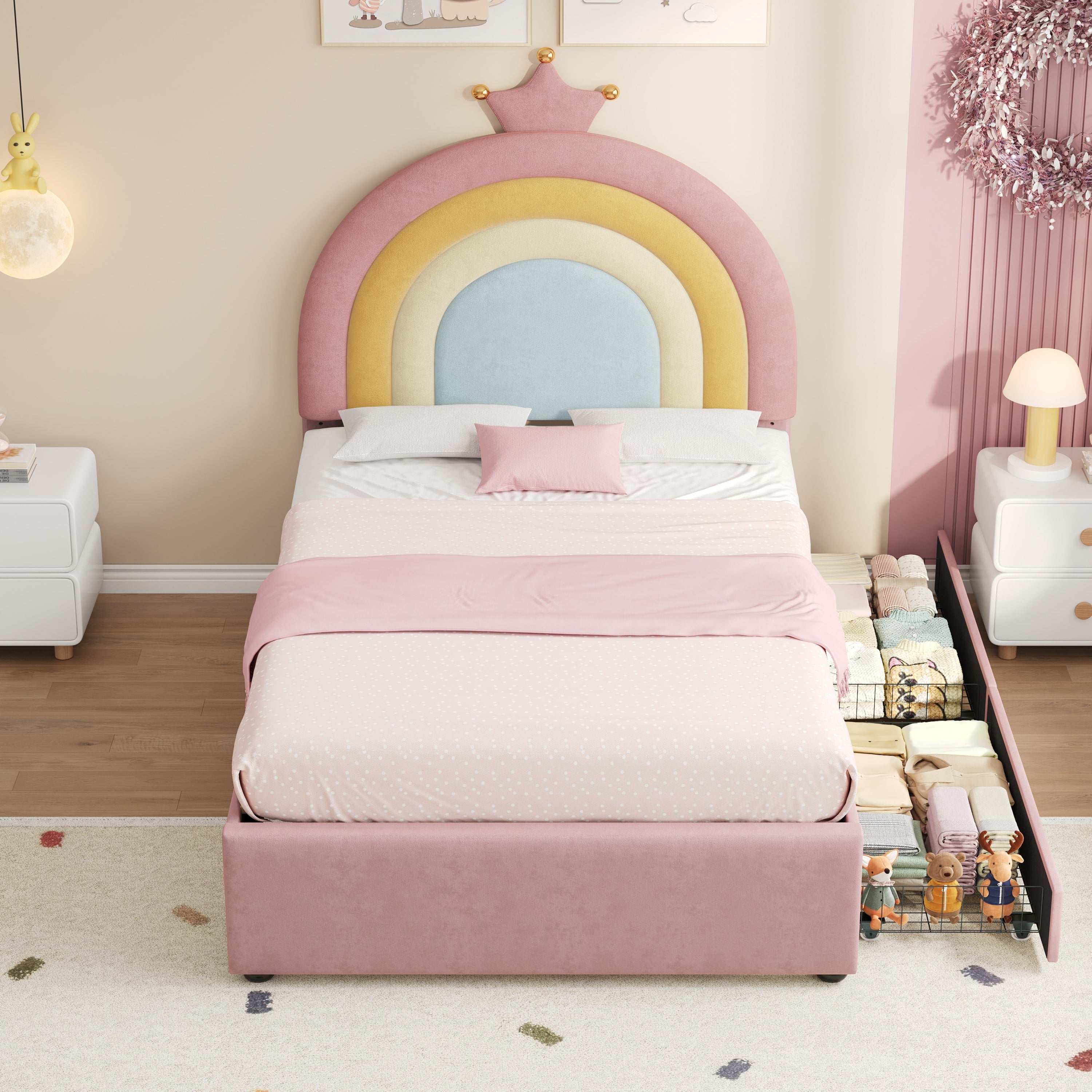 3ft Single Upholstered Bed with Adjustable Rainbow Crown Headboard, Soft Velvet Bed Frame with Flexible Storage Drawers, No Box Spring Needed, Pink (No Mattress)