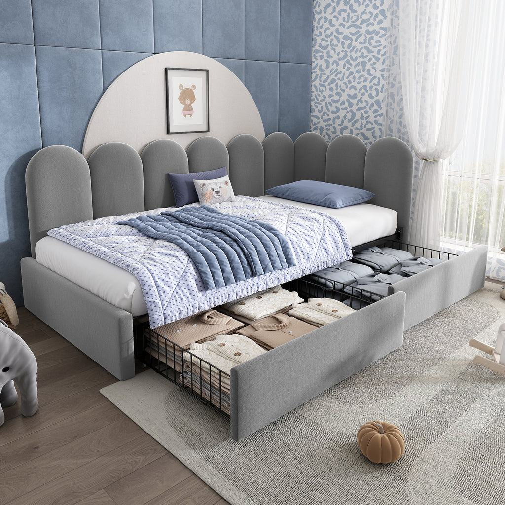 Upholstered Bed for Kids Daybed with Drawer Storage, 3FT Single Sofa Bed 90 x 190 cm, Sofa Bed for Adults and Children, Kids Bed Frame with Slatted Frame, Velvet, Grey (No Mattress)