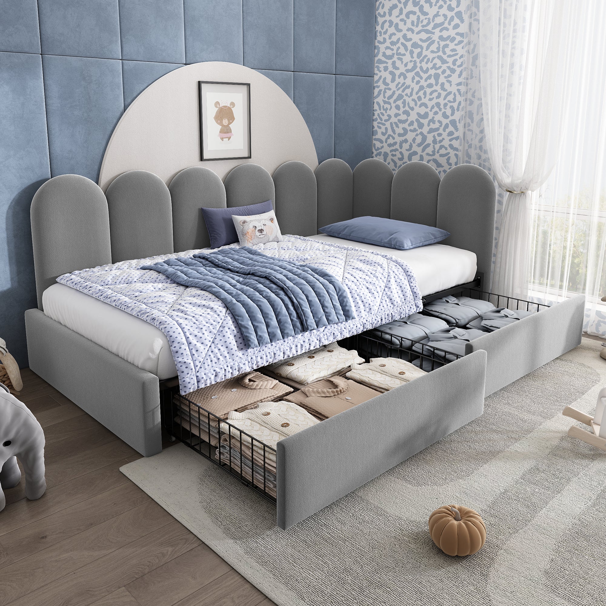 Upholstered Bed for Kids Daybed with Drawer Storage, 3FT Single Sofa Bed 90 x 190 cm, Sofa Bed for Adults and Children, Kids Bed Frame with Slatted Frame, Velvet, Grey (No Mattress)