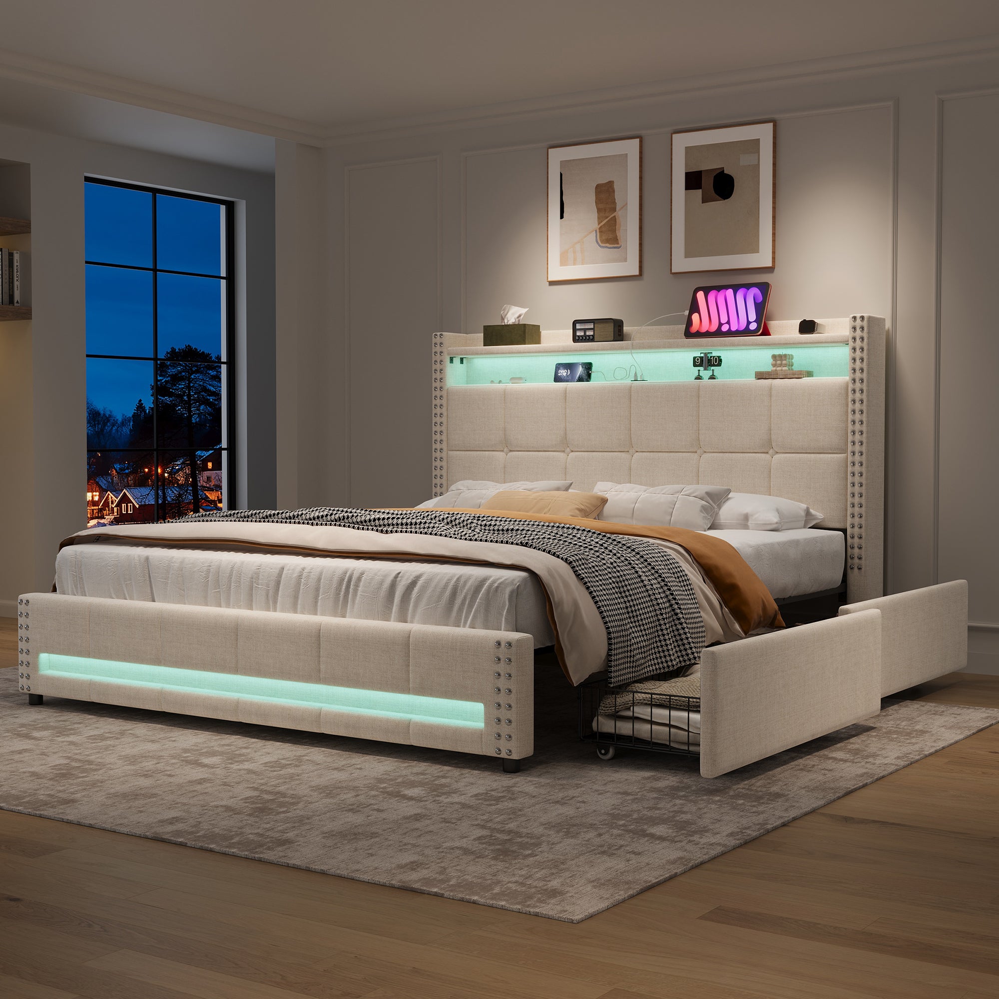 4ft6 Double Upholstered Bed with 4 Storage Drawers, LED Rivet  Storage Bed with Charging Station, Button Tufted Headboard with USB and Type-C Ports, No Box Spring Needed, Linen, Beige (No Mattress)