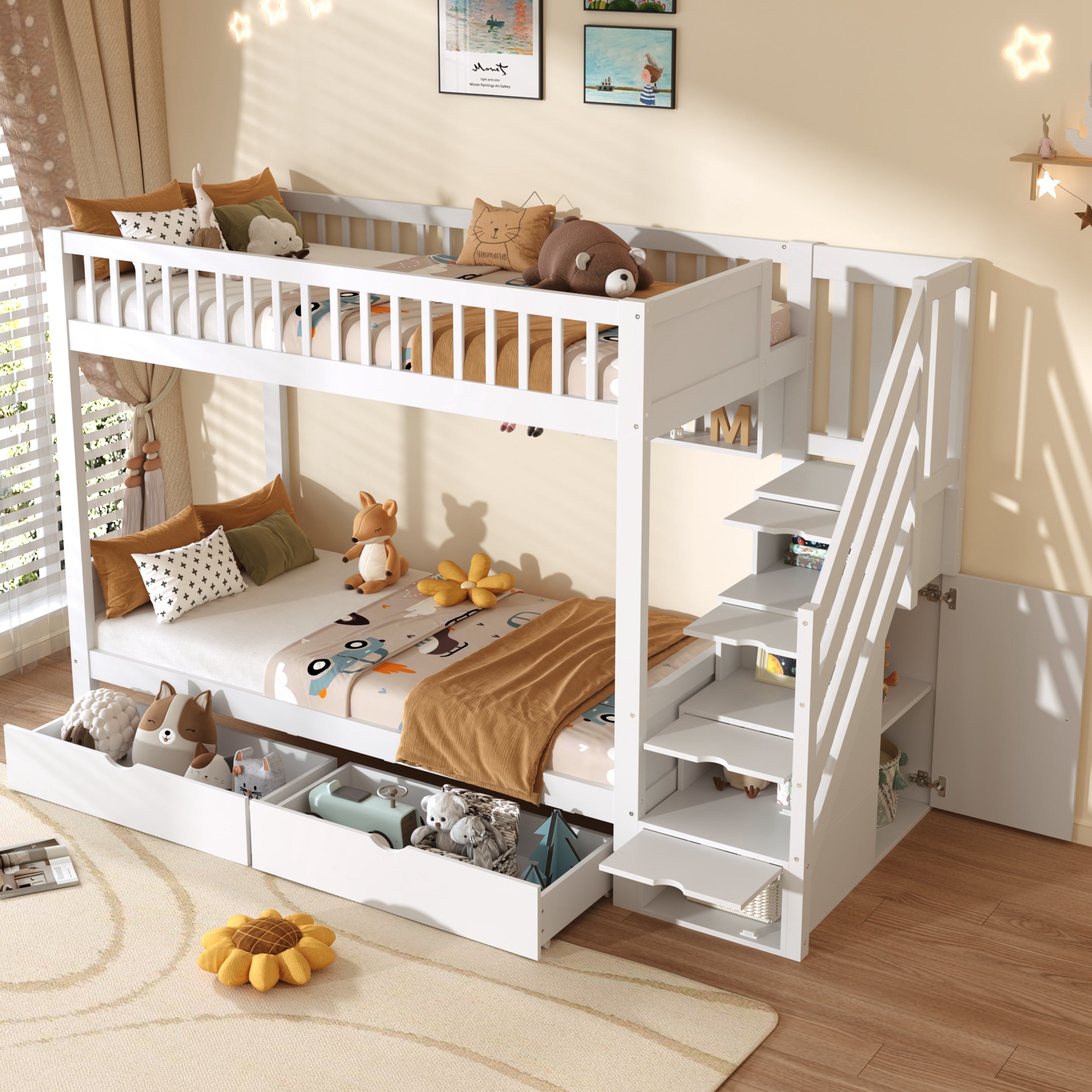 3ft Single Loft Bed with Under Bed Drawers, High-Quality Solid Wood Bunk Bed Frame with Integrated Stairway Storage, Shelving and Hidden Lockers, Safety Guardrails, White (No Mattress)