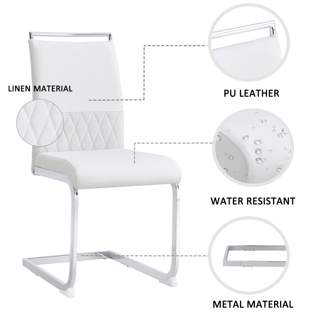 Modern dining chairs set of 2, backrest made of PU faux leather and linen, high back padded side chair, horizontal stripes backrest design for dining room, kitchen, guest office chair, white