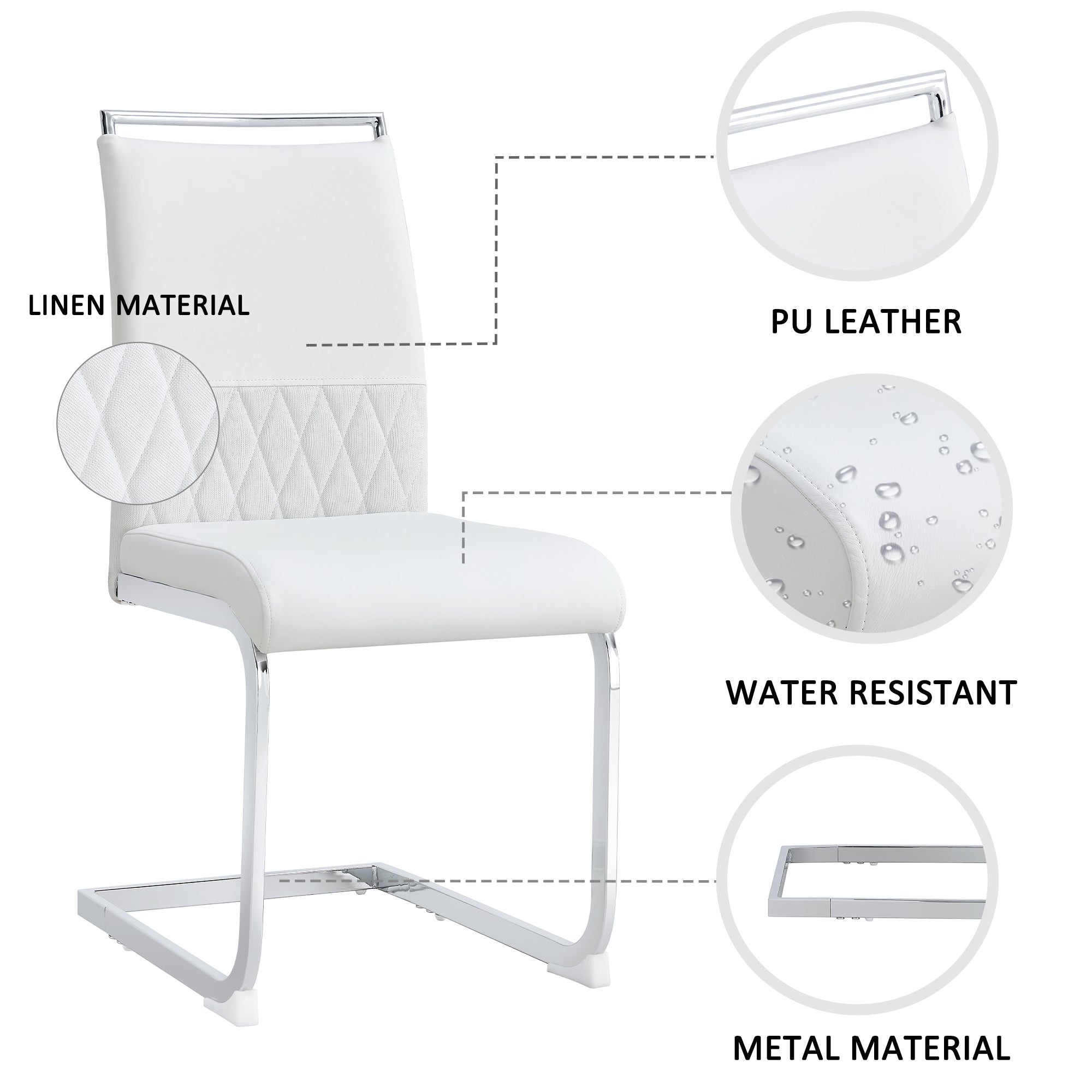 Modern dining chairs set of 2, backrest made of PU faux leather and linen, high back padded side chair, horizontal stripes backrest design for dining room, kitchen, guest office chair, white