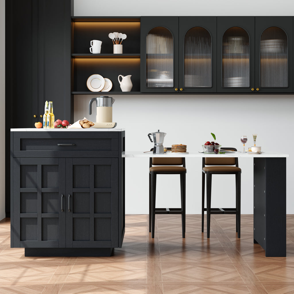 Extendable Bar Table with Storage (133–202 × 70 × 93.5 cm), with Two Drawers and Four Compartments, Expandable Kitchen Island Table for 2–6 People, Kitchen Dining Cart with Side Shelves, Black.