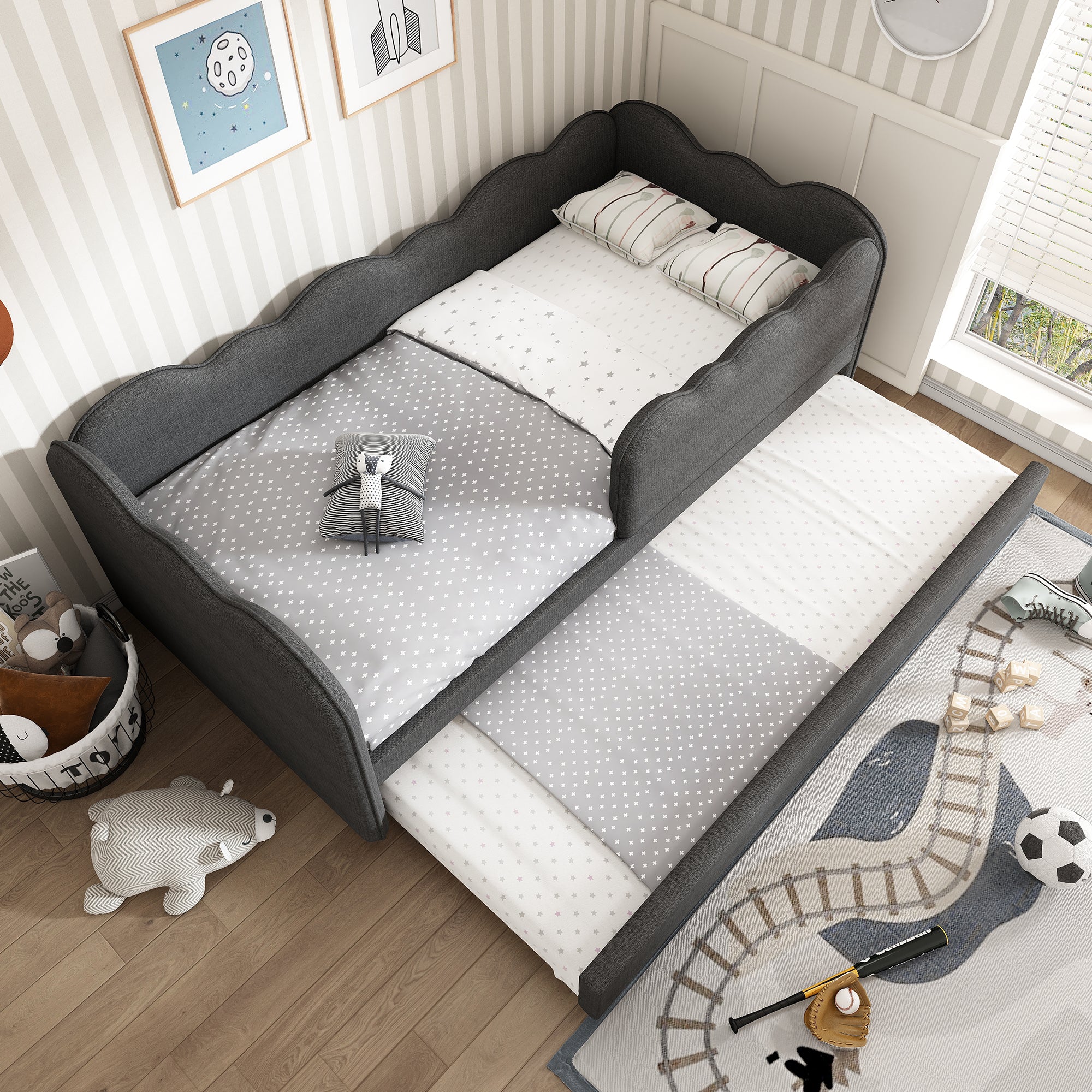 Upholstered Bed Daybed 90 x 190 cm, 3FT Single Bed with Pull out Trundle, Sofa Bed For Adults and Children, Single Daybed With Slatted Frame, Linen, Grey (No Mattress)