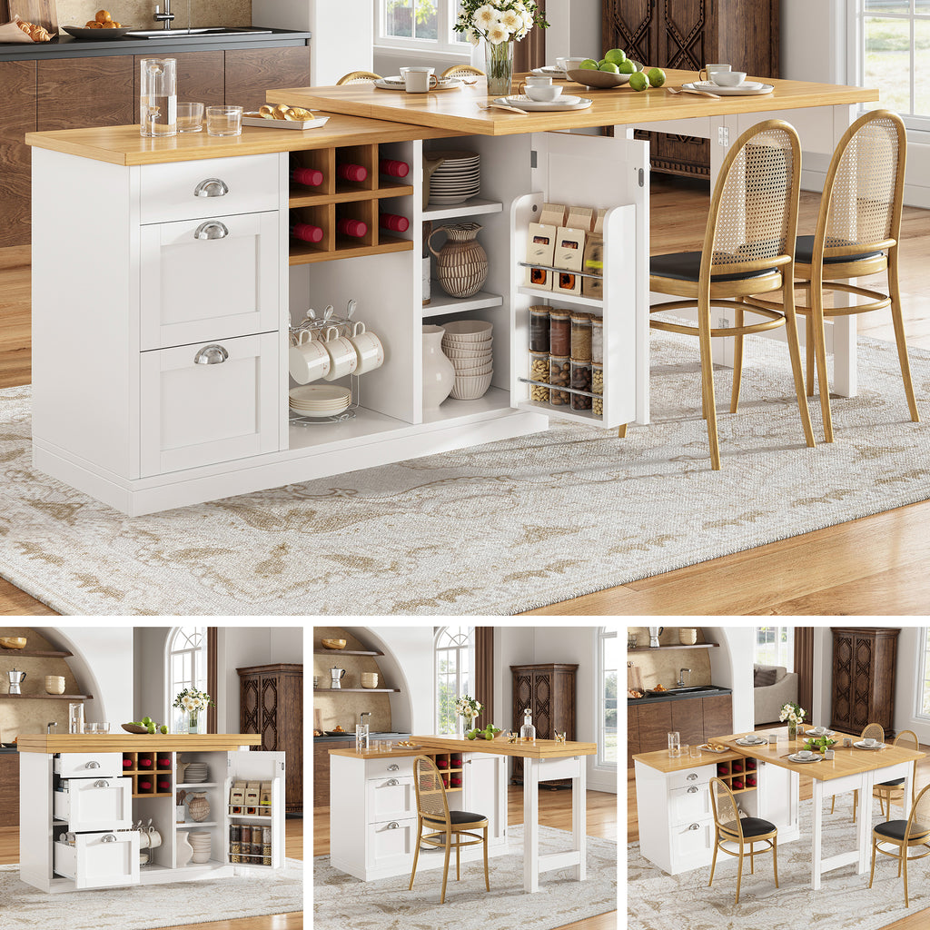 Extendable Sideboard & Dining Table Combo, 3 Drawers & Snack rack & Wine rack, Space-Saving Sideboard for Small Flats, White/Black