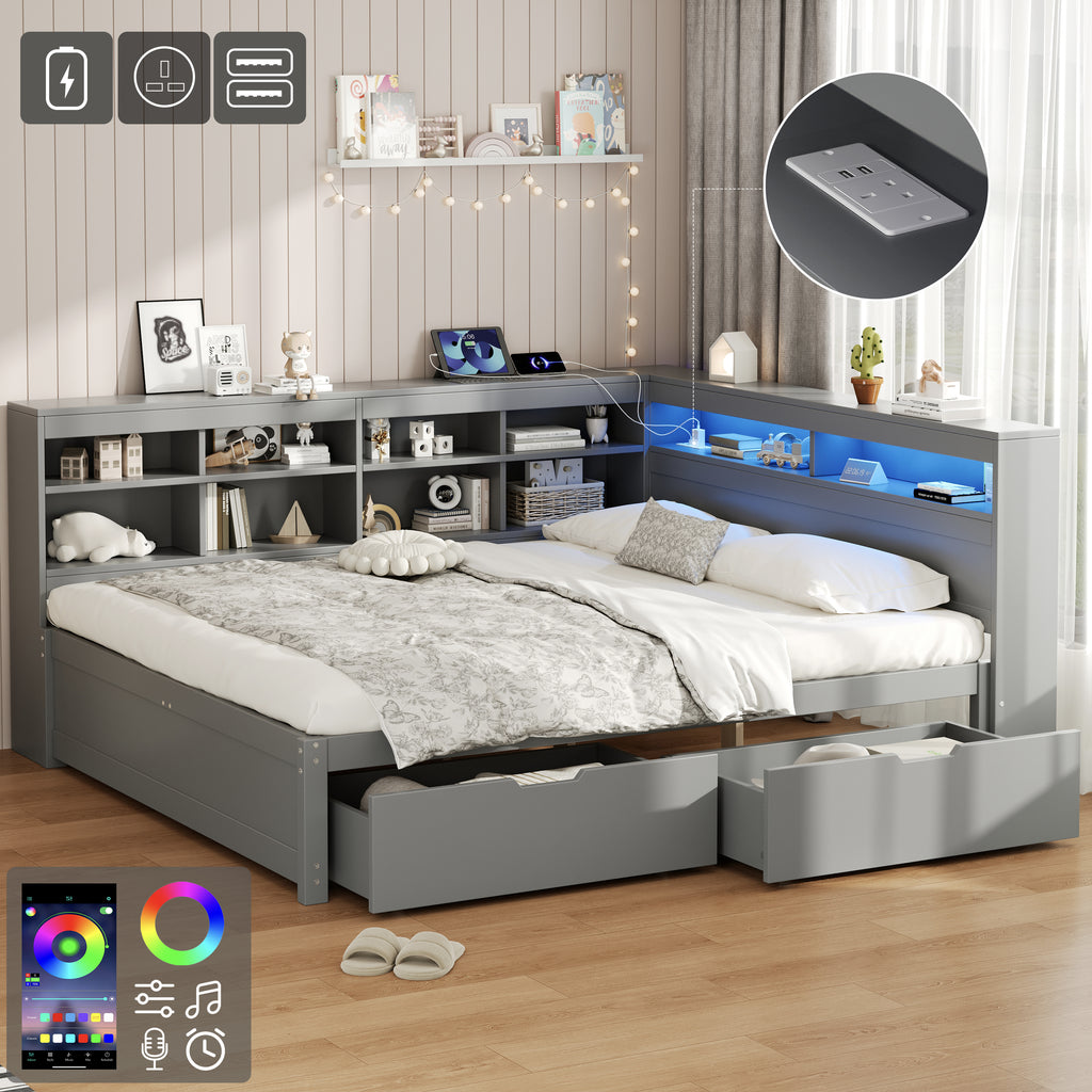4ft6 Double Daybed with Two Storage Drawers and Beside Storage, LED Modern Bed frame with Charging Station, Wood Bed for Living Room/ Bedroom/ Study Room, 135X190cm, Easy Assembly, Grey (No Mattress)