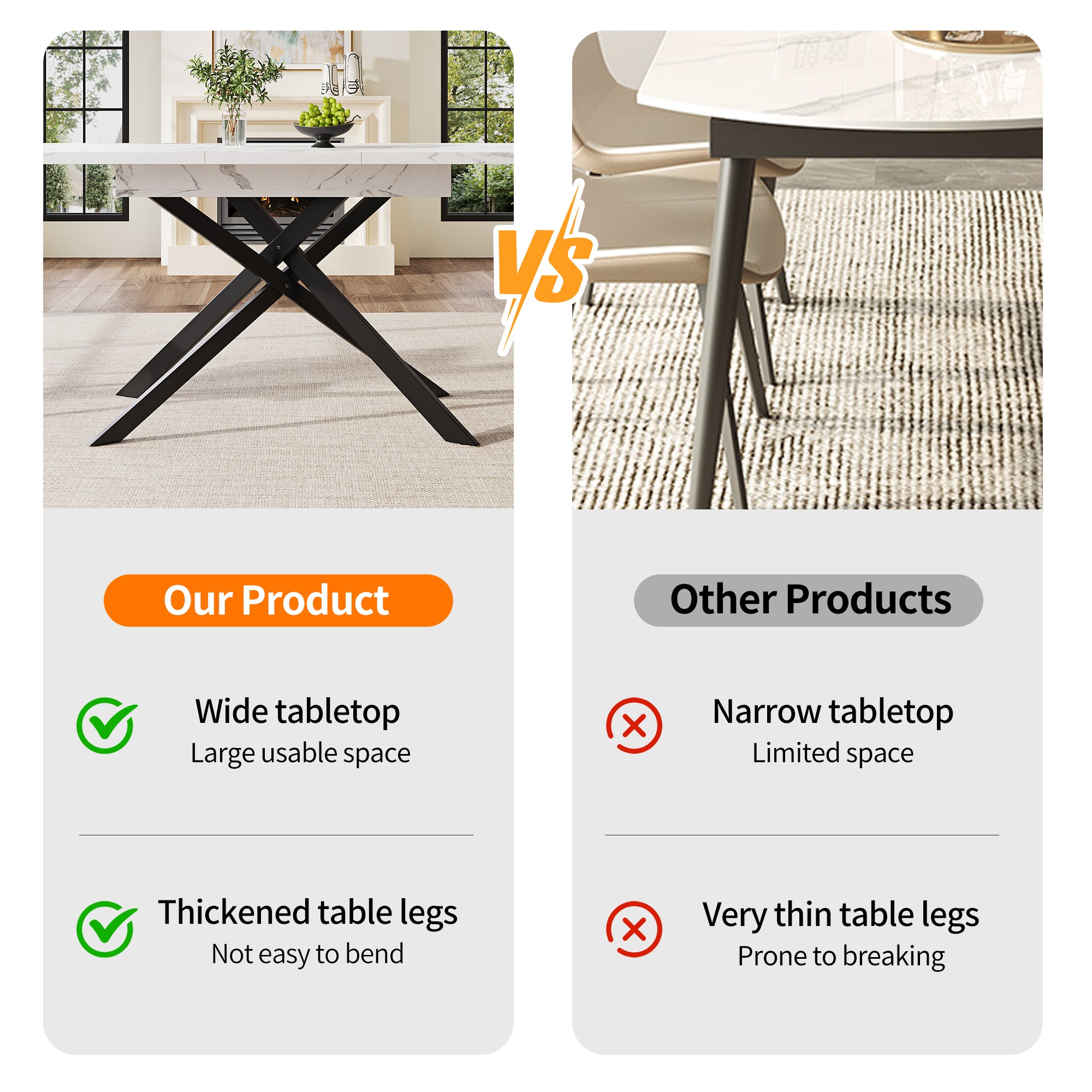 Dining table Telescopic table (120–160 cm), extendable dining table, space-saving kitchen table, black crossed iron legs, for kitchen and living room, white marbled dining table