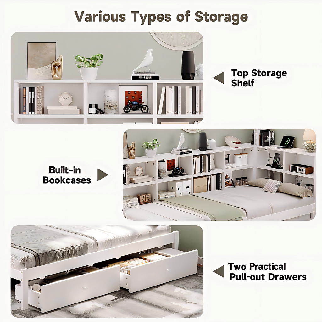3ft Single Daybed with Two Storage Drawers and Beside Storage, Modern Pull-out Trundle Bed with Charging Station, Wood Bed for Living Room/ Bedroom/ Study Room, 90X190cm, White (No Mattress)