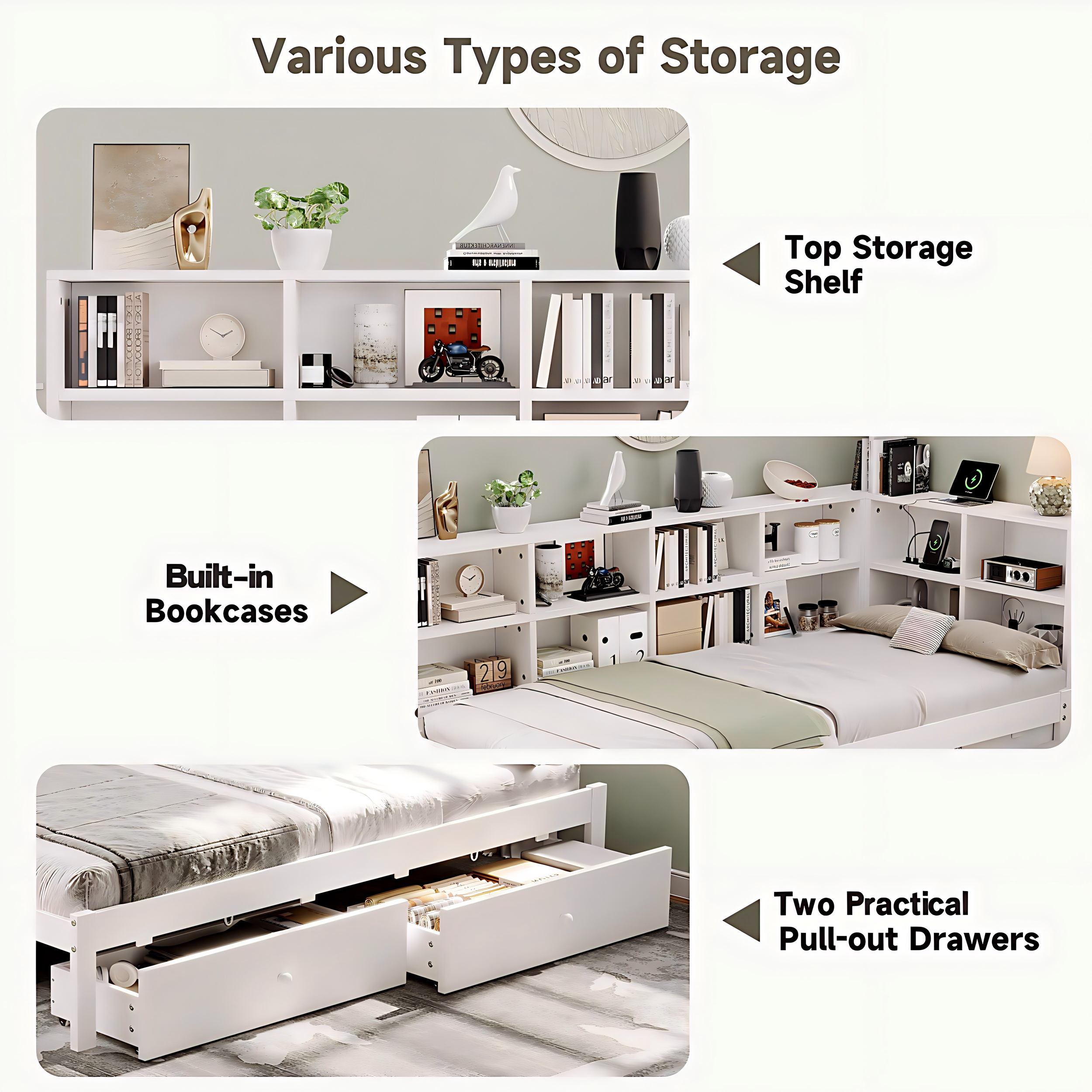3ft Single Daybed with Two Storage Drawers and Beside Storage, Modern Pull-out Trundle Bed with Charging Station, Wood Bed for Living Room/ Bedroom/ Study Room, 90X190cm, White (No Mattress)