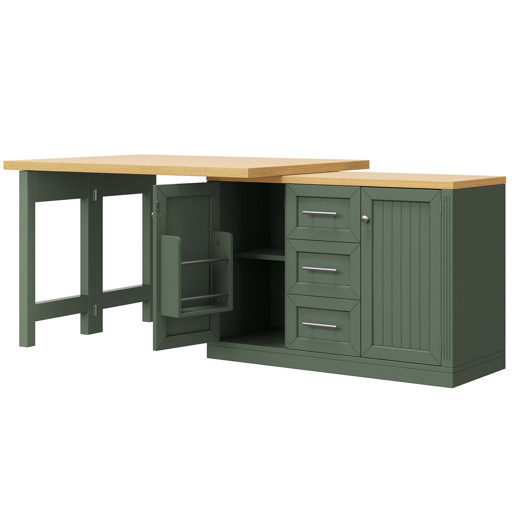 Extendable Sideboard & Table Combo, 120-180cm Adjustable Dining Table with Storage, 3 Drawers & Snack racks, Space-Saving kitchen island for Small Flats, White/Antique Green