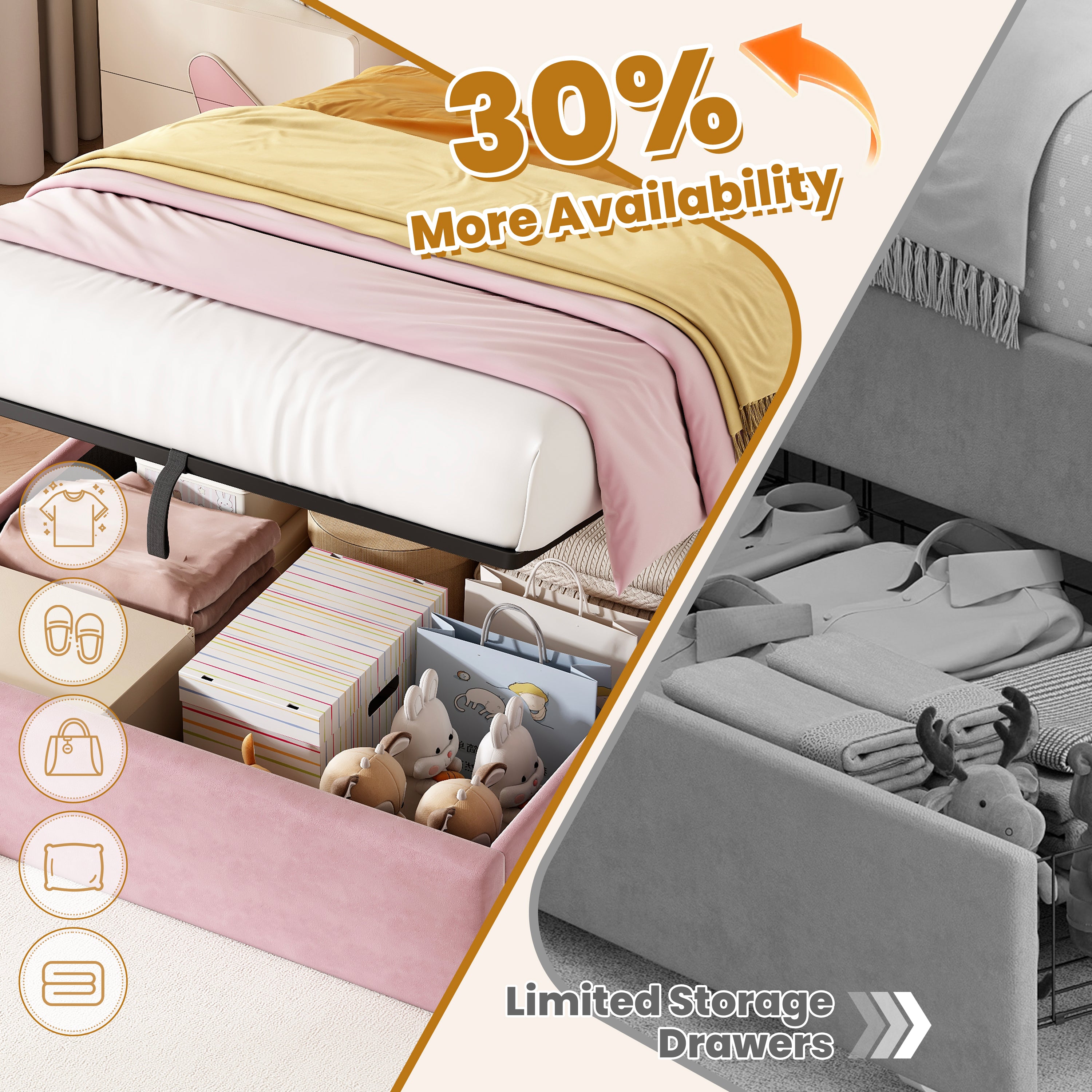 3ft Single Upholstered Hydraulic Bed with Adjustable Rainbow Headboard, Soft Velvet Bed Frame with Hydraulic Storage, Stylish Rainbow Headboard with Crown, No Box Spring Needed, Pink (No Mattress)