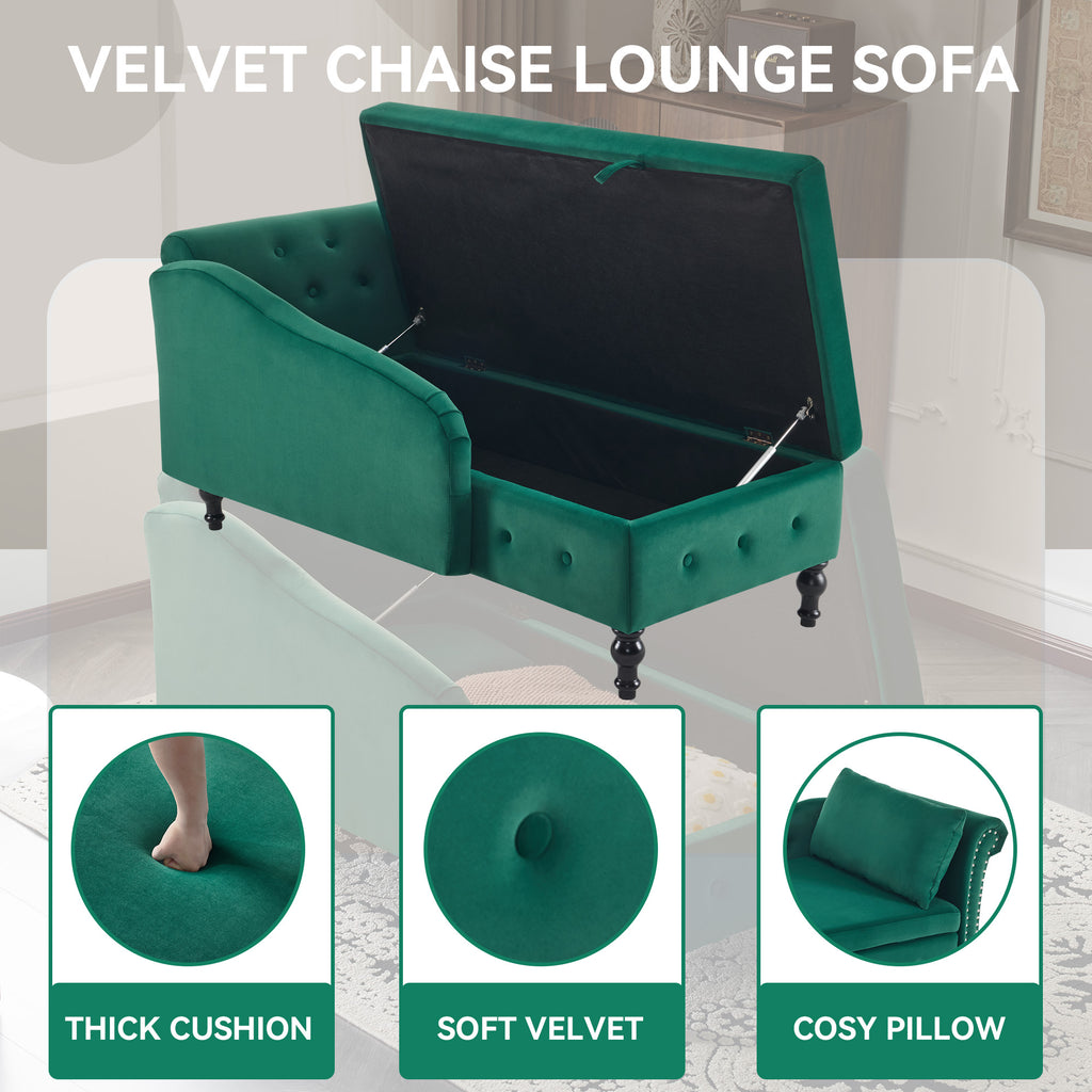Velvet Chaise Lounge Sofa with Storage, Upholstered Chaise lounge Couch with Pillow for Living Room, Modern Nailhead-Trim & Button-tufted Lounge Chair, Bedroom and Office, Right Armrest