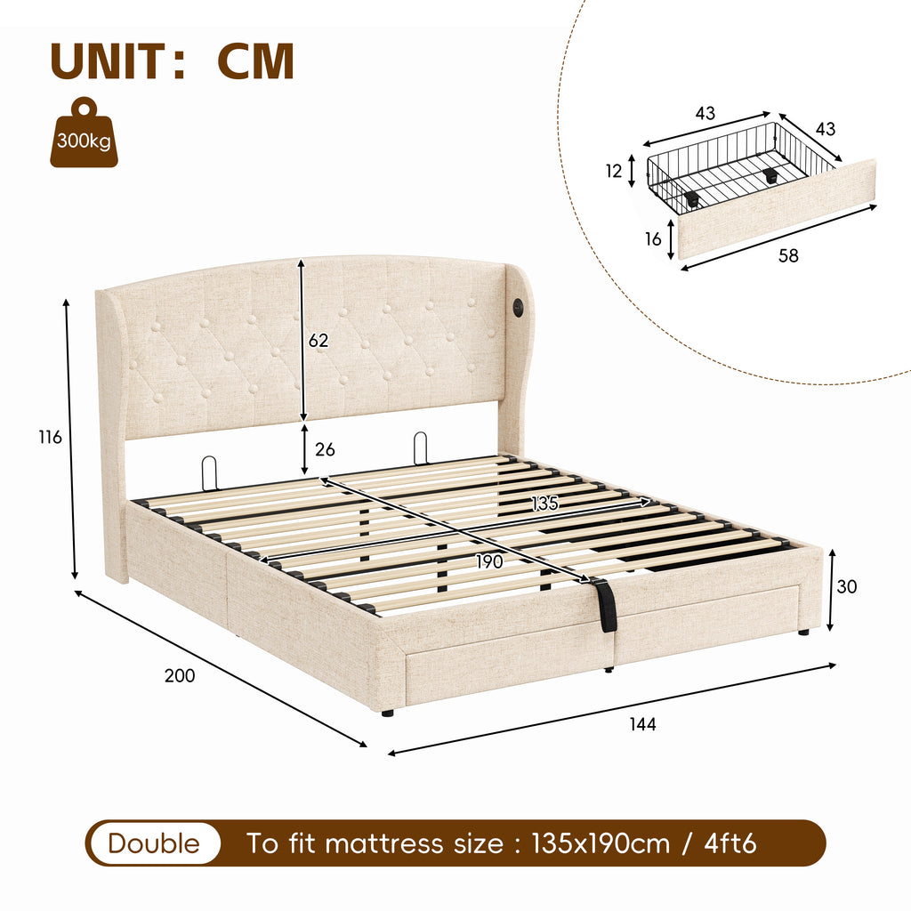Double Upholstered Bed with Hydraulic and Drawers Storage, Button tufted Headboard with Wingback and Charging Station,  USB and Type - C Ports, No Box Spring Needed, Linen, Beige (No Mattress)