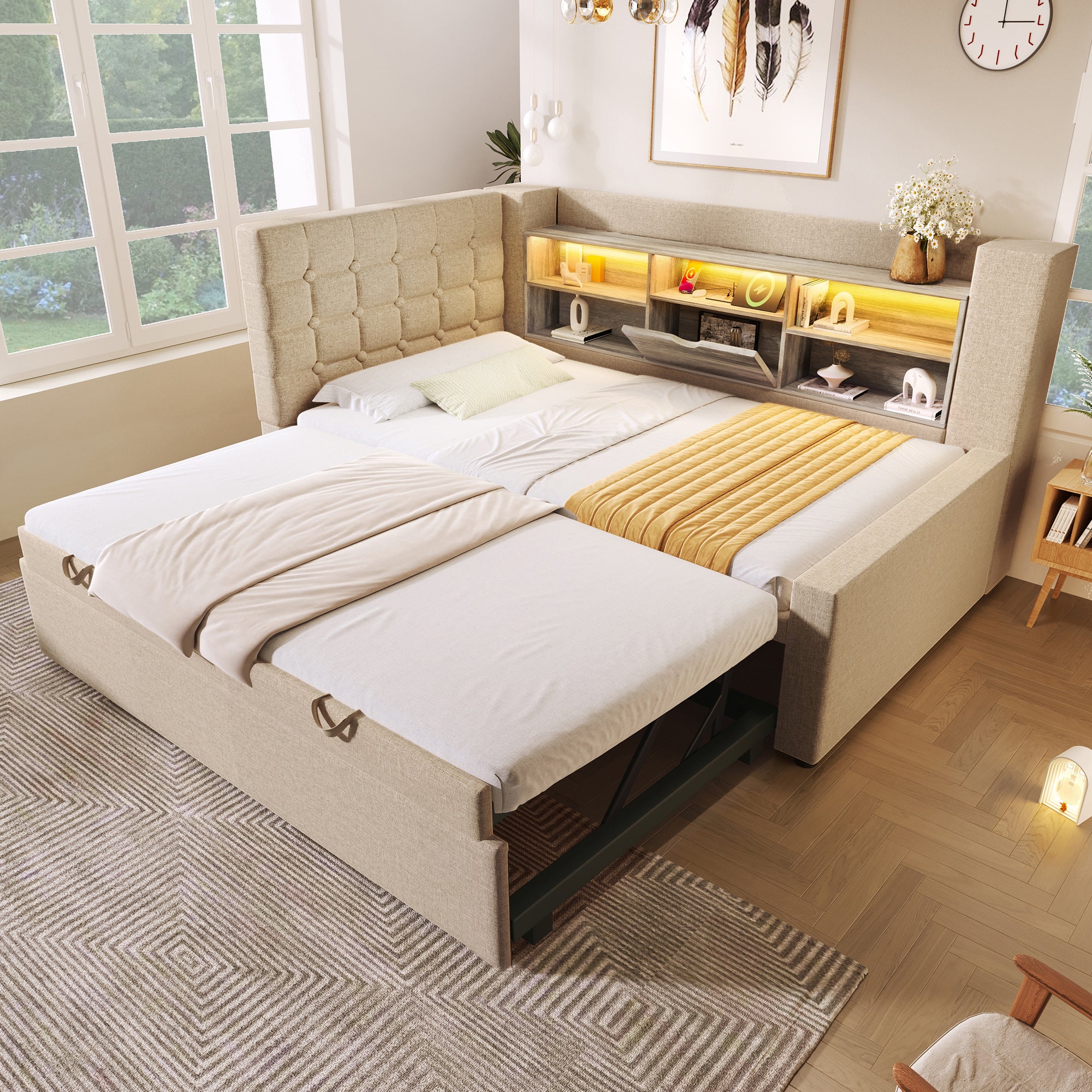  Daybed Upholstered Bed 90 x 190 cm, 3FT Single Sofa Bed with Storage, USB &Type C Charging Station, Pull out Trundle for Living Room and Bedroom, Linen, Beige (No Mattress)