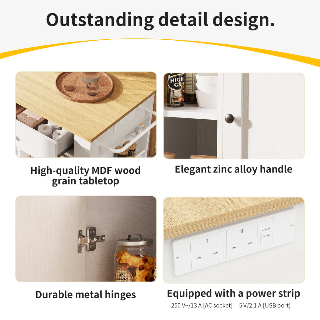 Kitchen island, kitchen trolley equipped with power strip, kitchen cabinet, serving trolley with worktop, buffet cabinet, dining trolley with wood grain, white