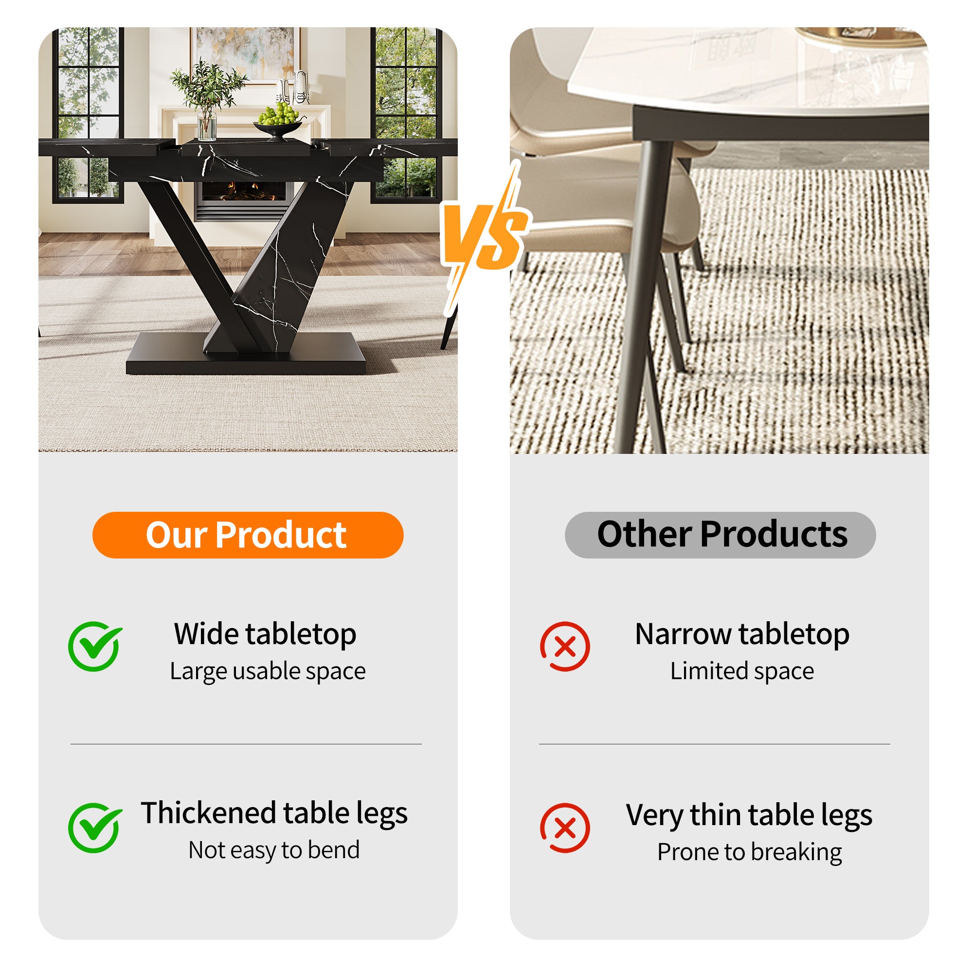 Dining table Telescopic table (120-160*75cm), extendable table, extendable to 120-160cm with the aid of internal insert panels, for kitchen and living room, dining table with black marble pattern