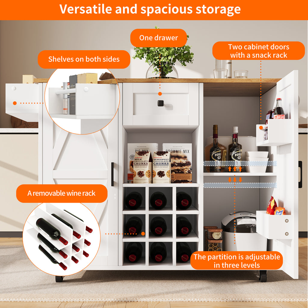 Modern kitchen island, kitchen cabinet, sideboard, serving trolley with wood grain, sideboard, multifunctional dining table with storage space, serving trolley with snack shelves and stretch function