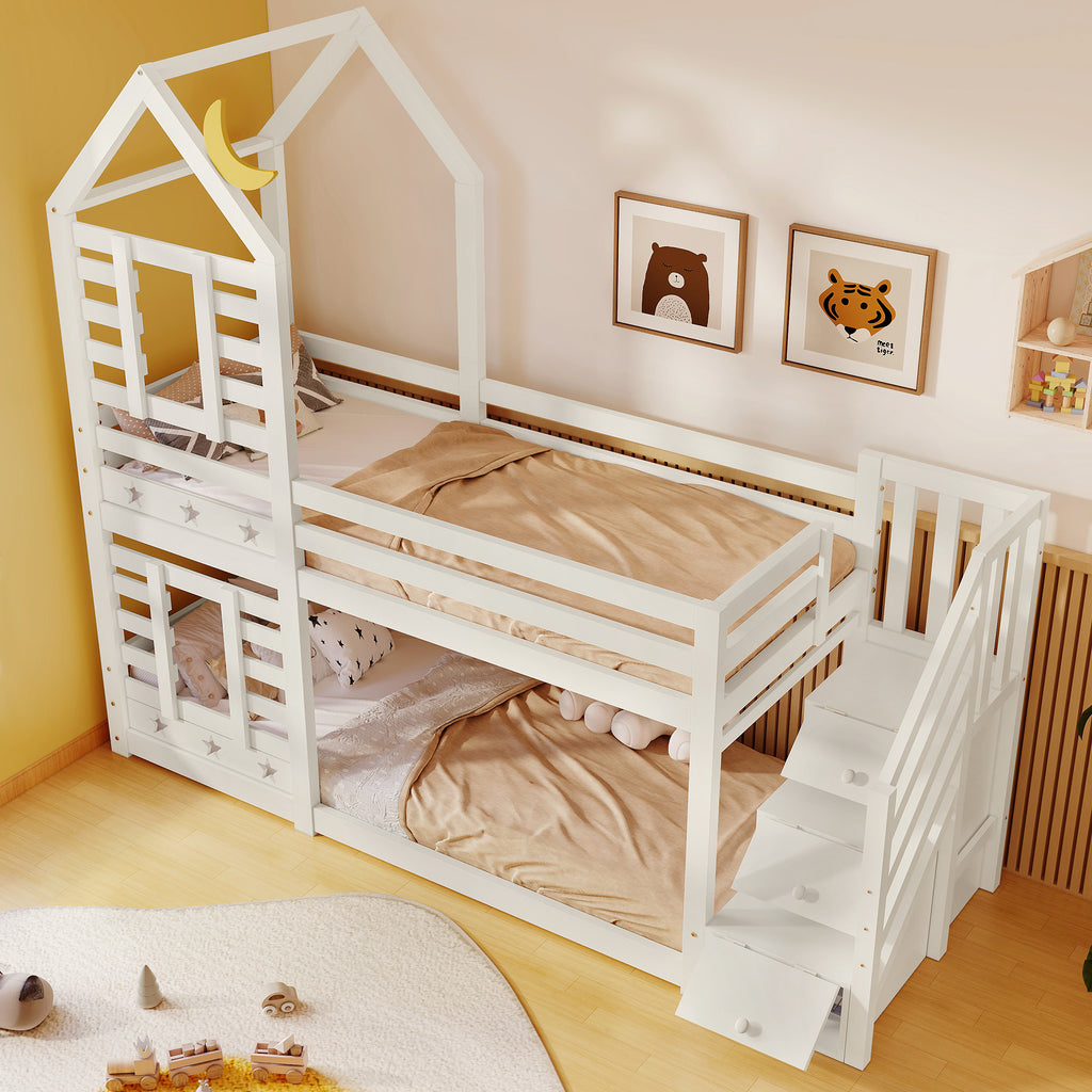 Bunk Bed Storage Children Cabin Bed Single Bed with Window for Kids, Twin Sleeper 190x90 cm, Solid Pine Wood,3FT -White(=SKU:TT30352678W)