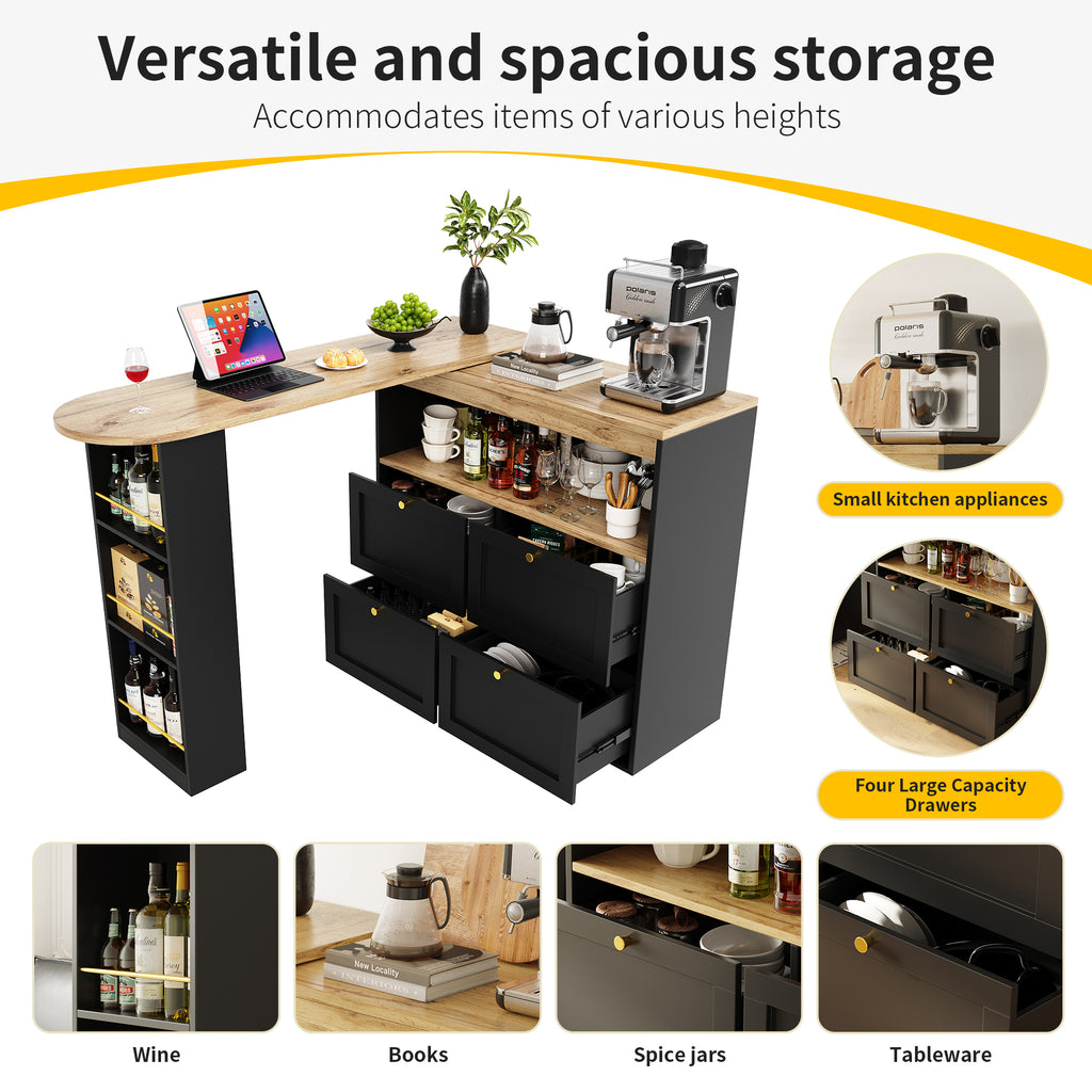 360° Swivelling Bar Table (Main Body 105 x 39 x 102 cm), with 4 Drawers and Open Shelves, Suitable for Dining Room/Study/Living room etc.