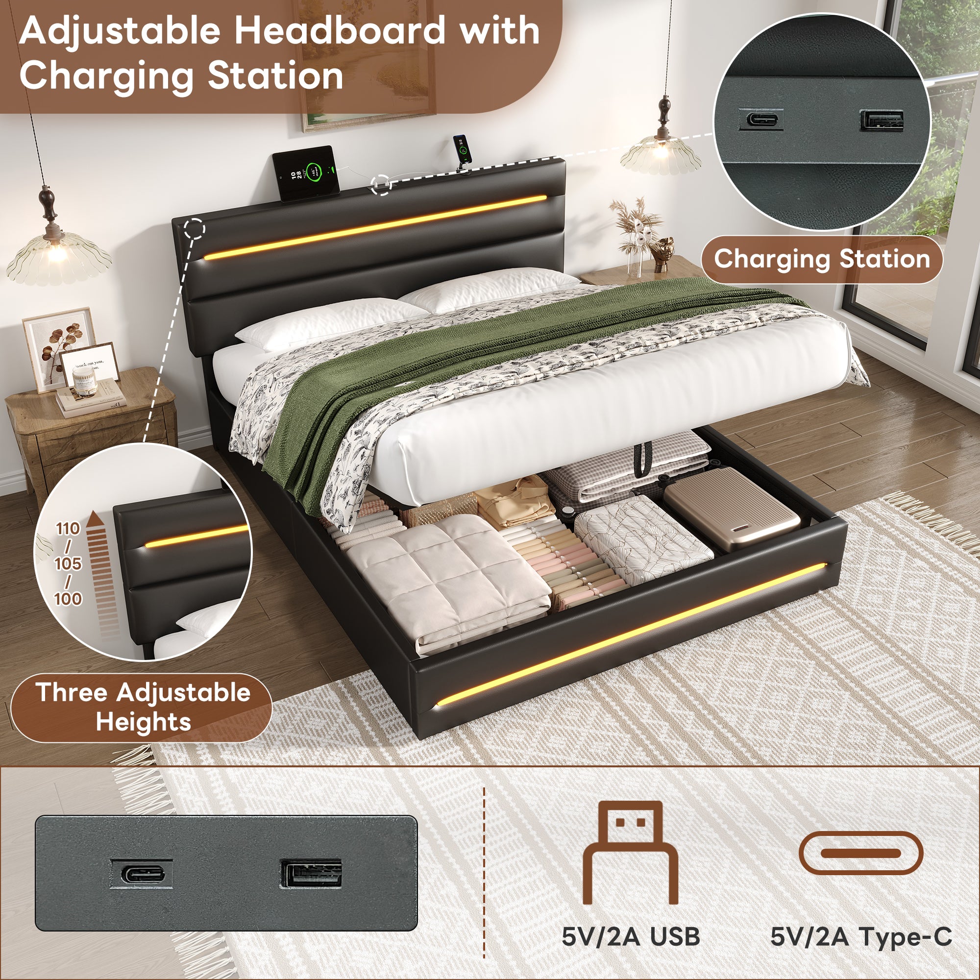 5ft King Upholstered Bed Frame with Hydraulic Storage, PU Ottoman Bed with LED Lighting and Charging Station, LED Adjustable Headboard with USB and Type - C Ports, Black (No Mattress)