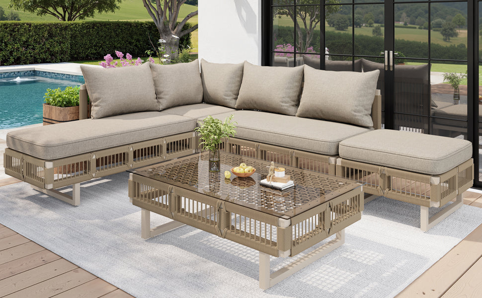 Modular Rope-Woven Outdoor Sofa Set with Tempered Glass Coffee Table, 10cm Thick Cushions, for Patio & Poolside
