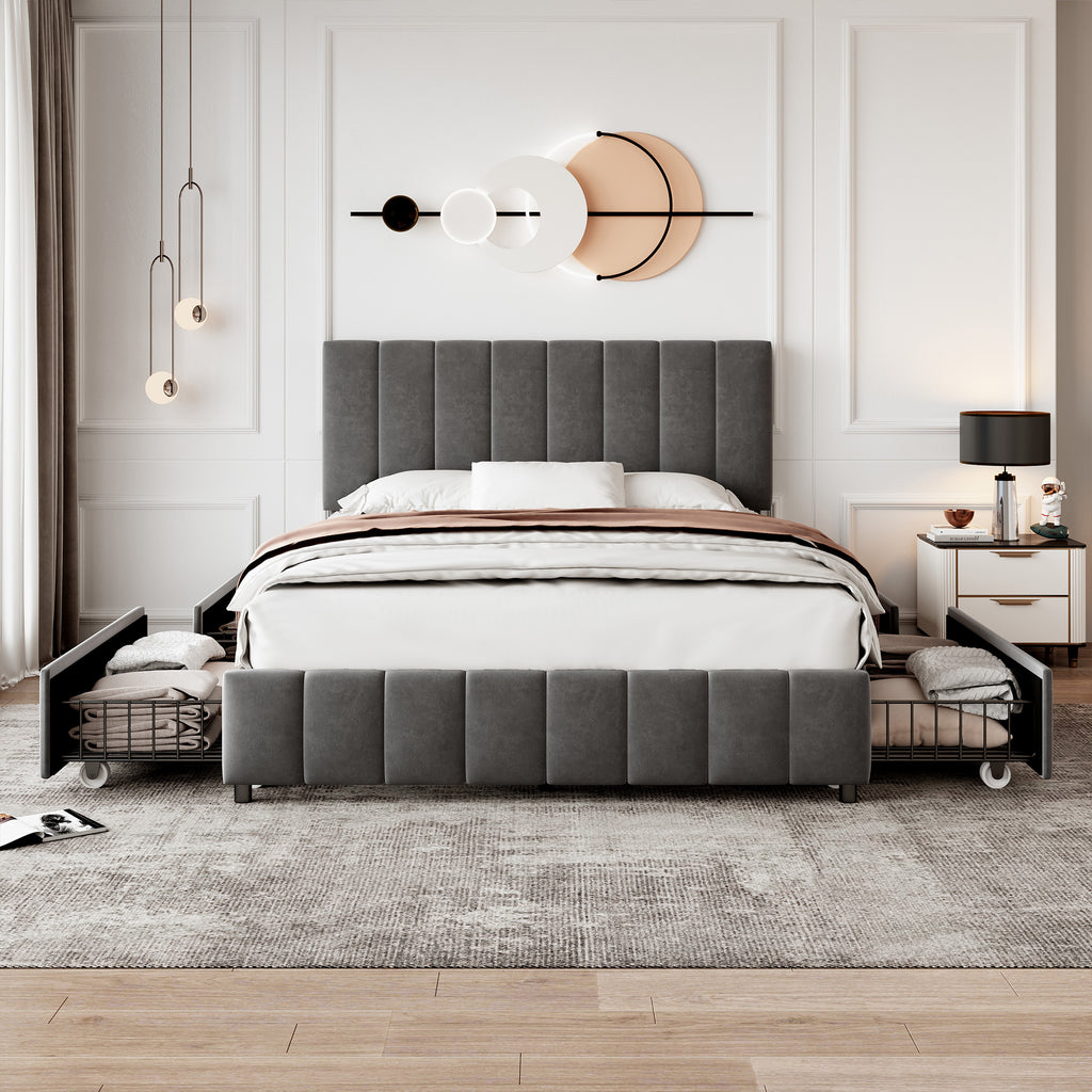 4ft6 Double Upholstered Bed with 4 Storage Drawers, Velvet Platform Bed Frame with Adjustable Channel Tufted Headboard, Metal-Wood Support, No Box Spring Needed, Easy Assembly, Grey (No Mattress)