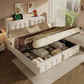Upholstered Double Bed, 4FT6 Hydraulic Bed with LED Lighting, USB Type-C Charging, Headboard for Cellphones & Tablets, 135 x 190 cm, Linen, Beige (No Mattress)