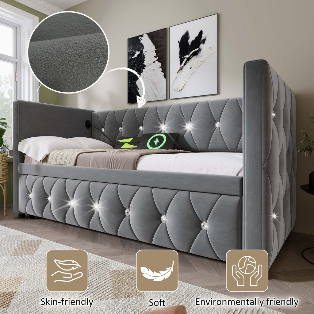 Daybed Single Upholstered Bed Sofa Bed with USB &Type C Charging Station, 3FT Single Bed 90 x 190 cm with Trundle ,Pull out Trundle for Living Room and Bedroom, Velvet ,Grey