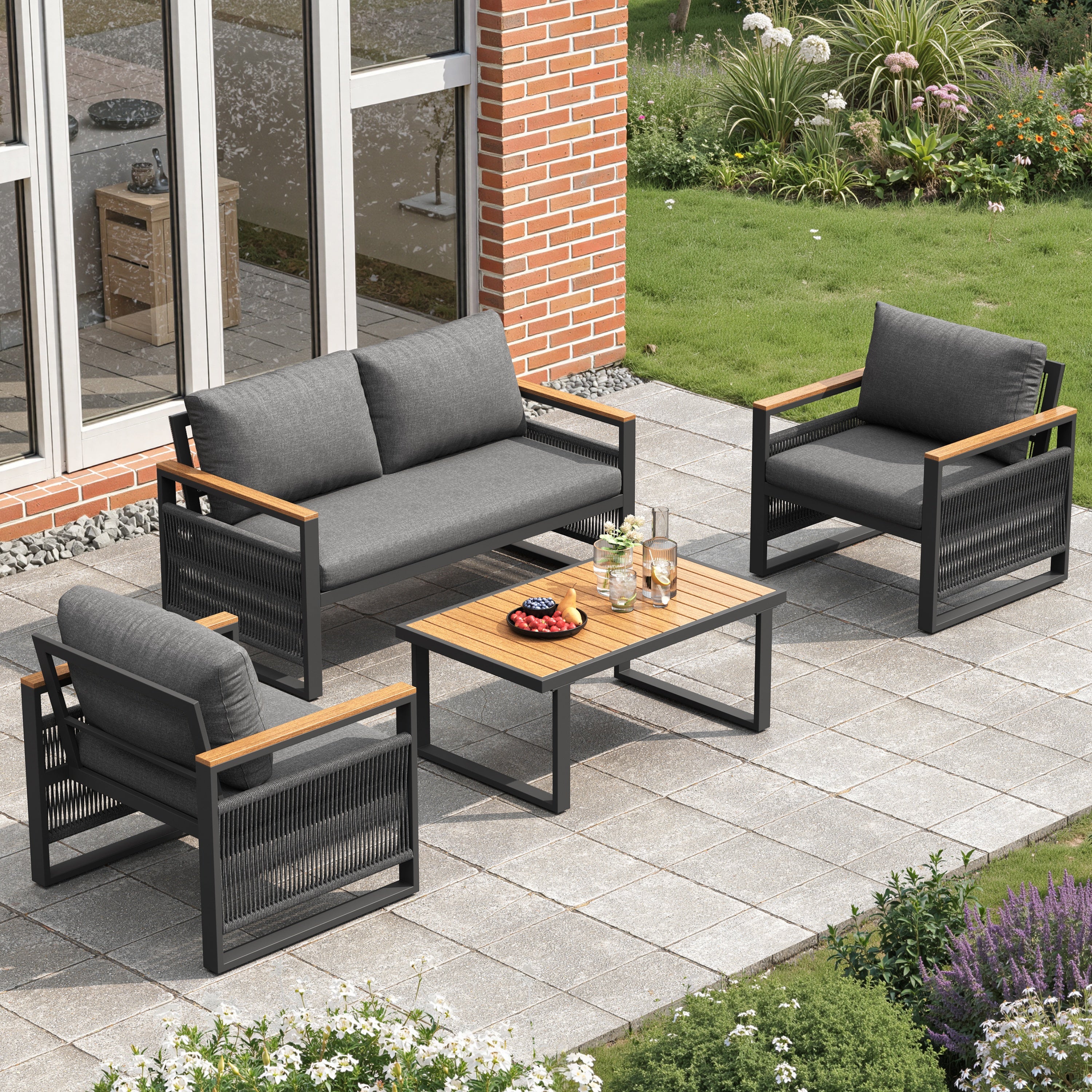 4 Seater Garden Set with Plastic Wood Coffee Table & Handrail, Polyester Rope Outdoor Set with Sofa and Armchairs, Weatherproof Outdoor Patio Sofa for Balcony and Terrace, Linen, Grey