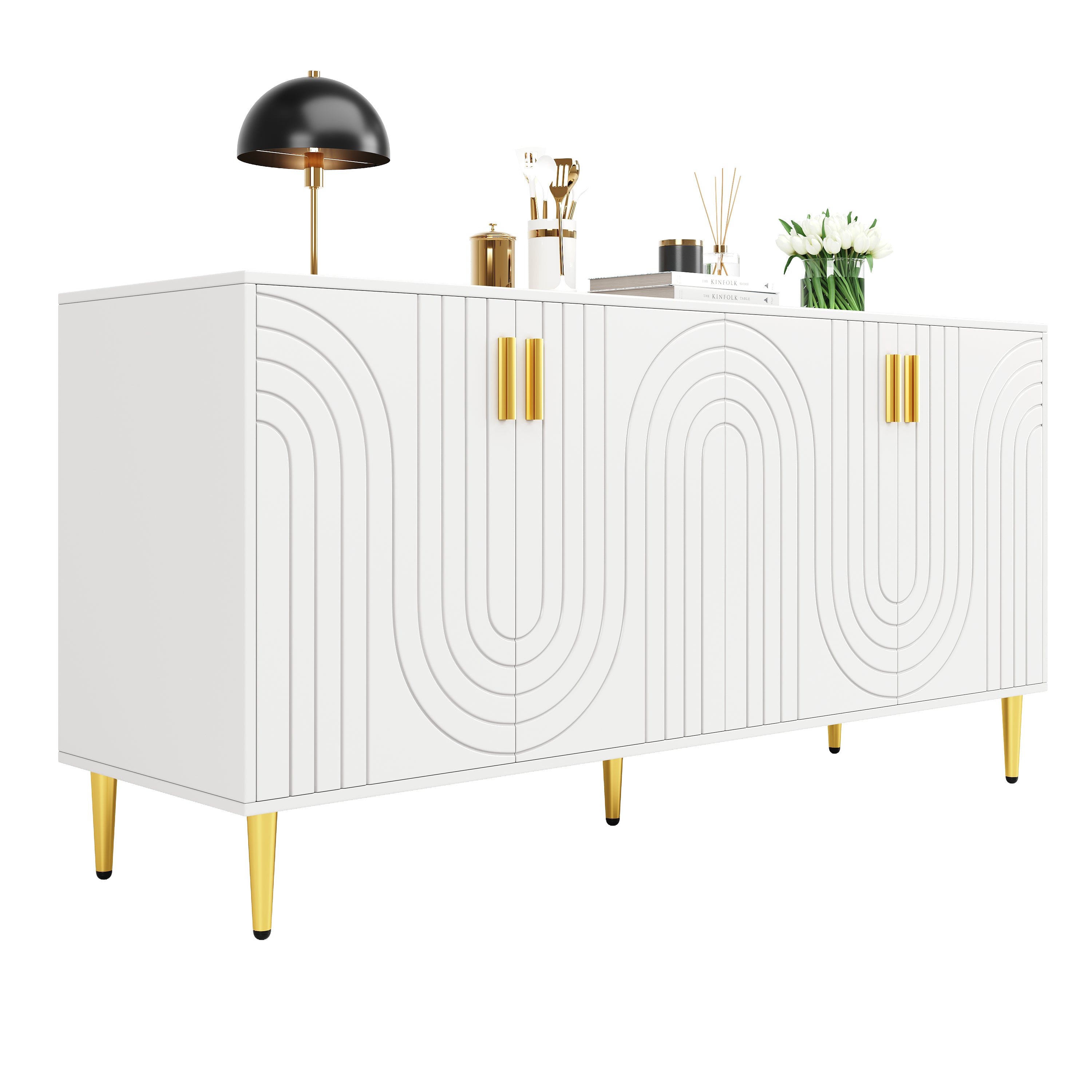 White sideboard (152 x 40 x 75 cm) with unique wave design and golden handles and feet, creating an elegant dining area