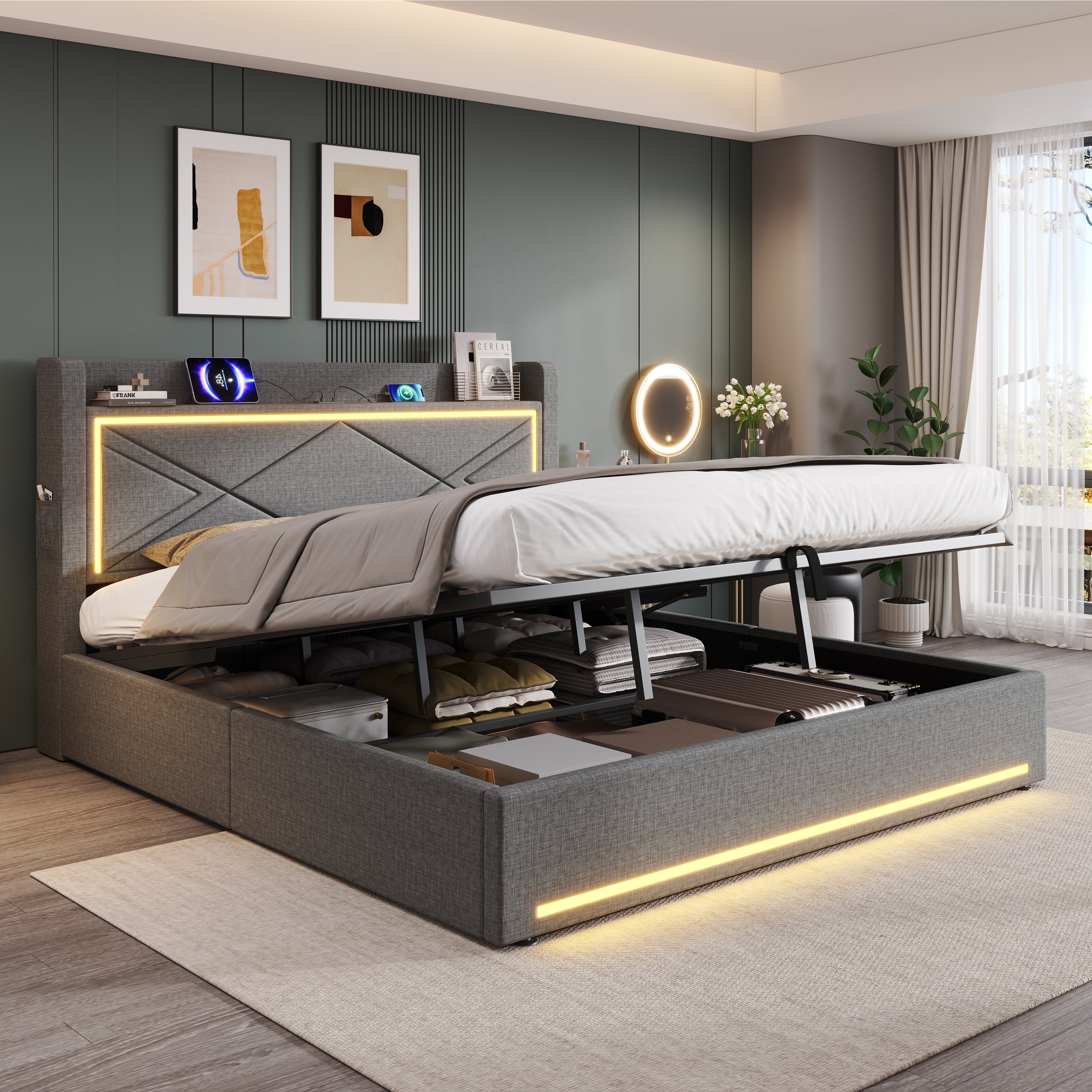 6ft Super King Upholstered Bed Frame with Hydraulic Storage,  Linen Ottoman Bed with LED Lighting and Charging Station, USB and Type - C Ports, No Box Spring Needed, Grey (No Mattress)