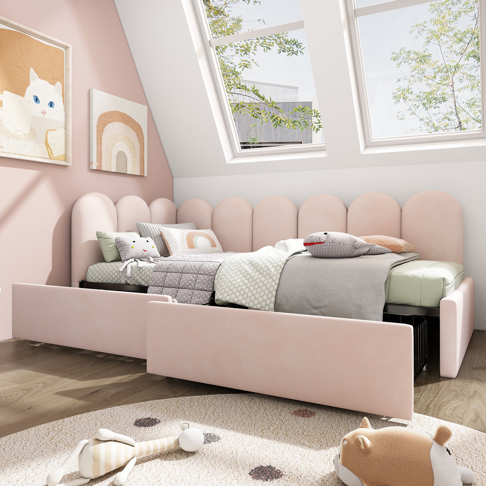 Upholstered Bed Daybed With Drawers Storage,3FT Single Sofa Bed 90X190cm, Sofa Bed For Adults and Children , Bed Frame With Slatted Frame, Velvet, Pink (No Mattress)