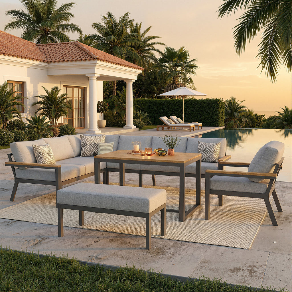 Eight-person L-shaped garden sofa set with wooden table / Weatherproof corner suite made of iron / Including armchair, bench & wooden worktop / With grey cushions