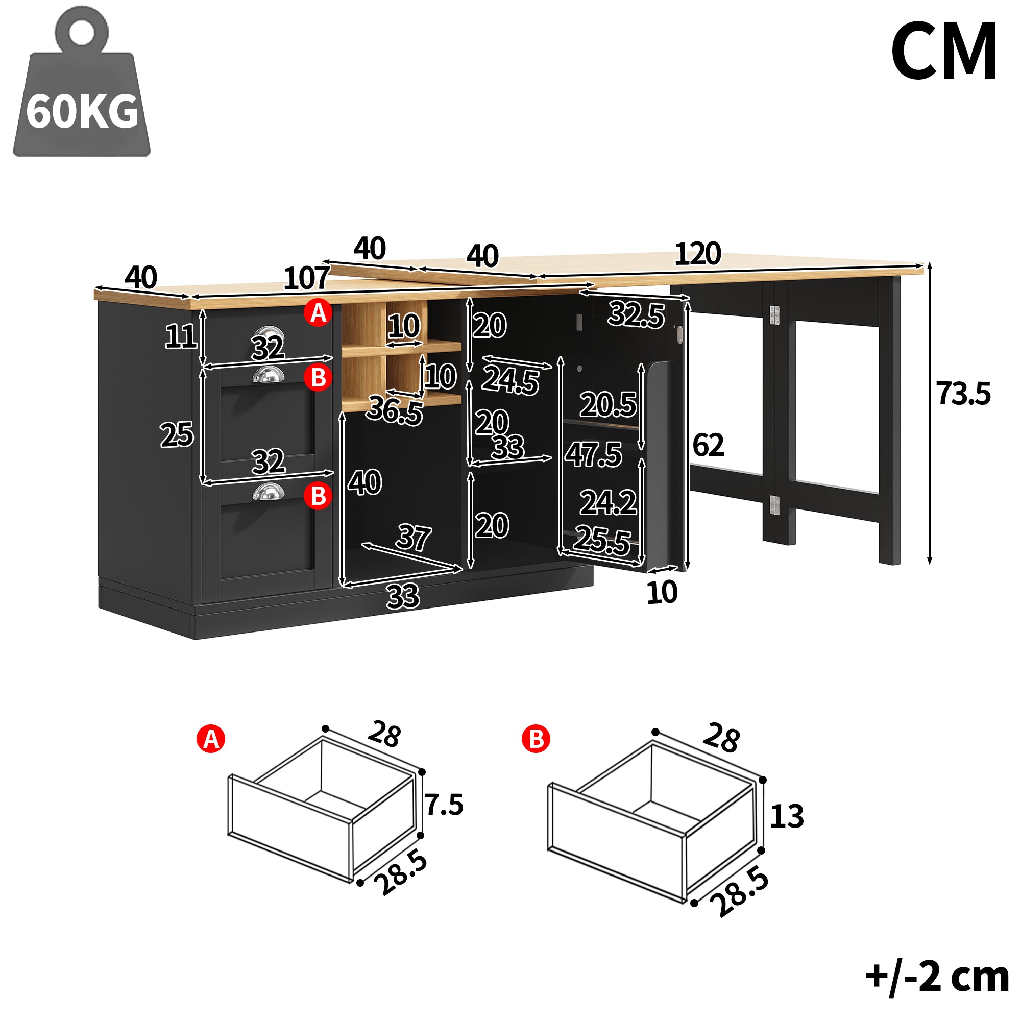 Extendable Sideboard & Dining Table Combo, 3 Drawers & Snack rack & Wine rack, Space-Saving Sideboard for Small Flats, White/Black