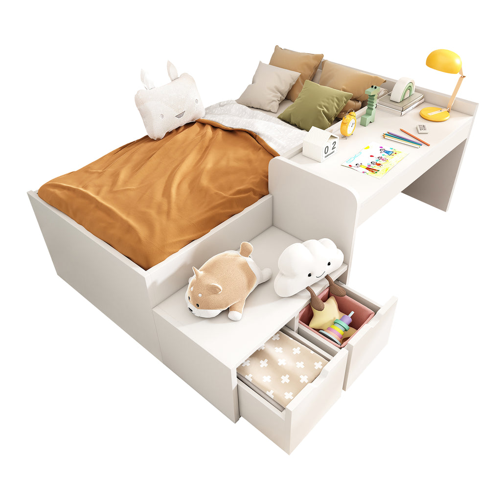 Kids Single Bed with Desk and Drawers, 90 x190 cm, White, 3ft Kids Wooden Bed with Storage, Single Bed with Slatted Frame, Lying Surface for Teenagers & Adults (No Mattress)