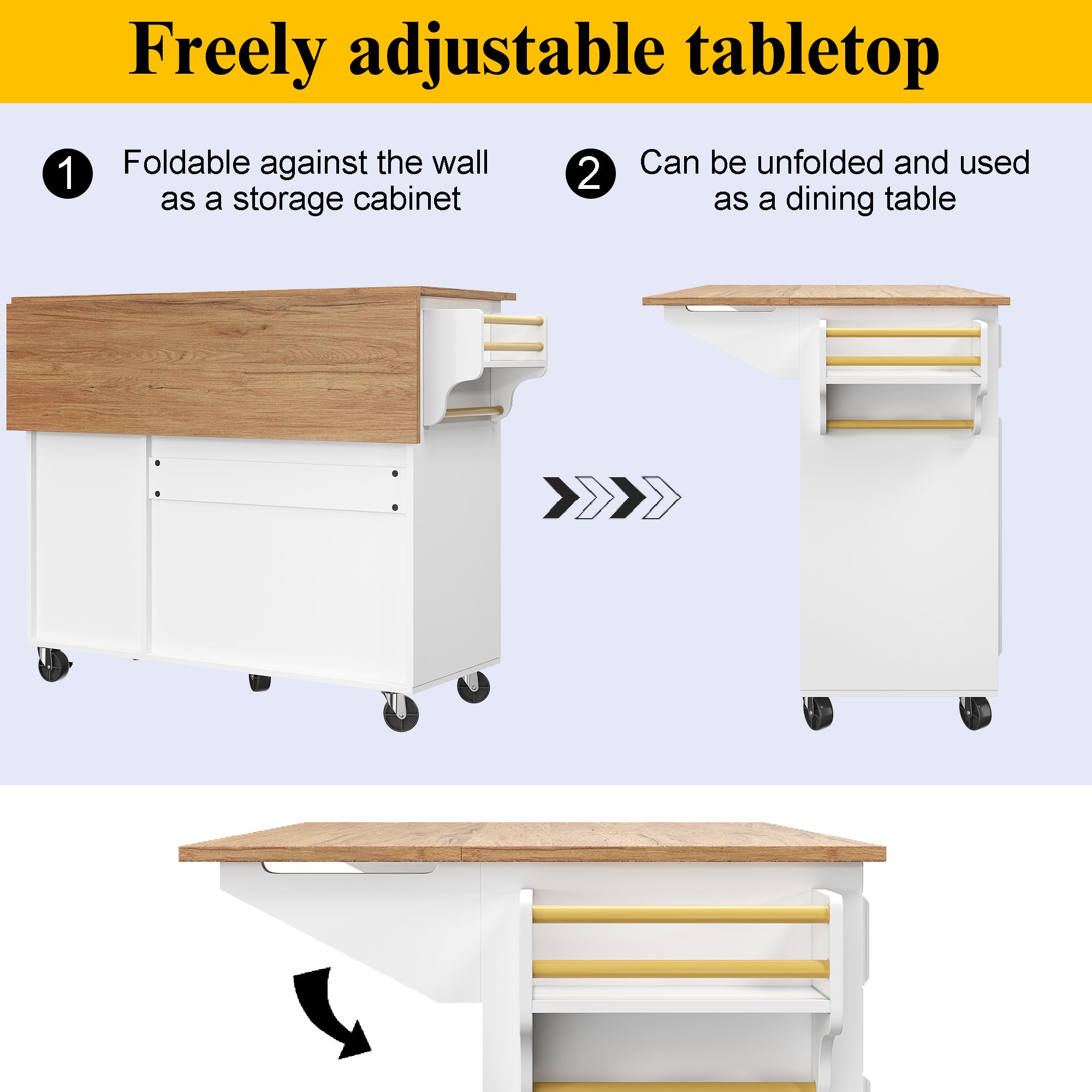 Kitchen island (110×45-75×92cm), removable serving trolley buffet cabinet, dining trolley with vintage pattern, buffet cabinet, multifunctional dining table with storage space, White